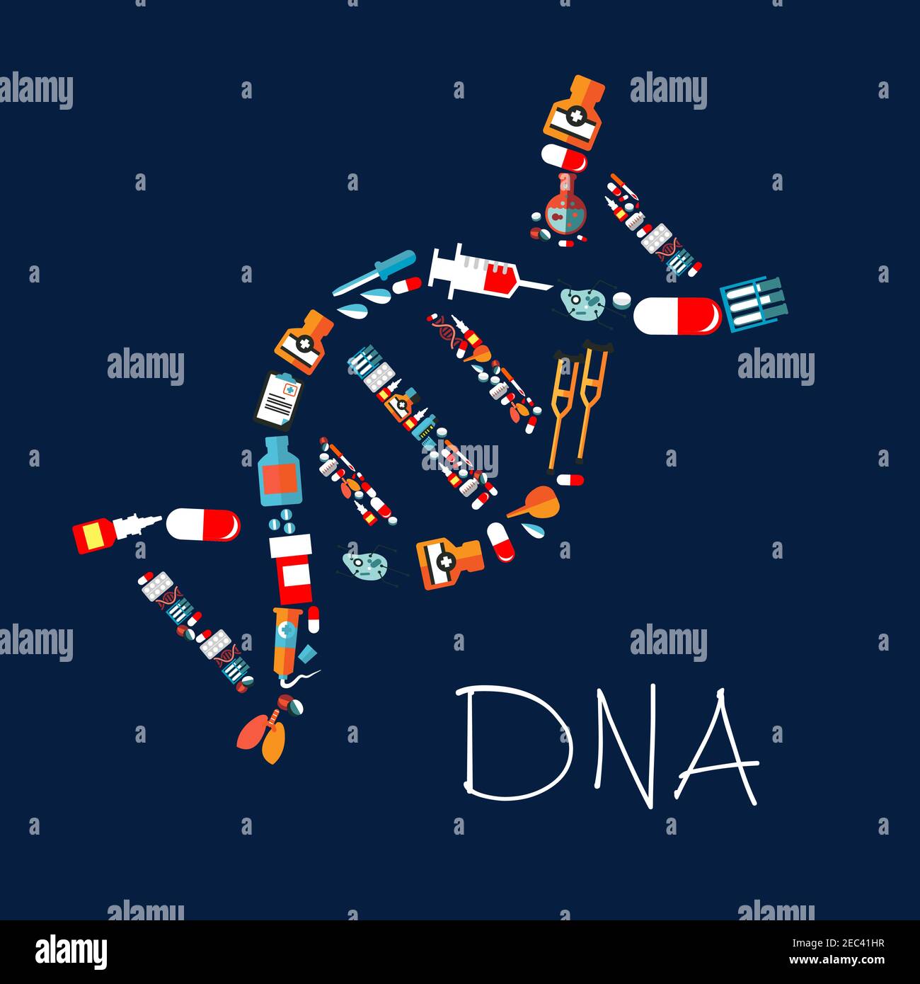 Dekoratives Modell der DNA-Helix-Symbol mit flachen Symbolen von Pillen, Kapseln, Spritzen und Medikamentenflaschen, Reagenzgläser und Laborflaschen, Lunge und ce Stock Vektor