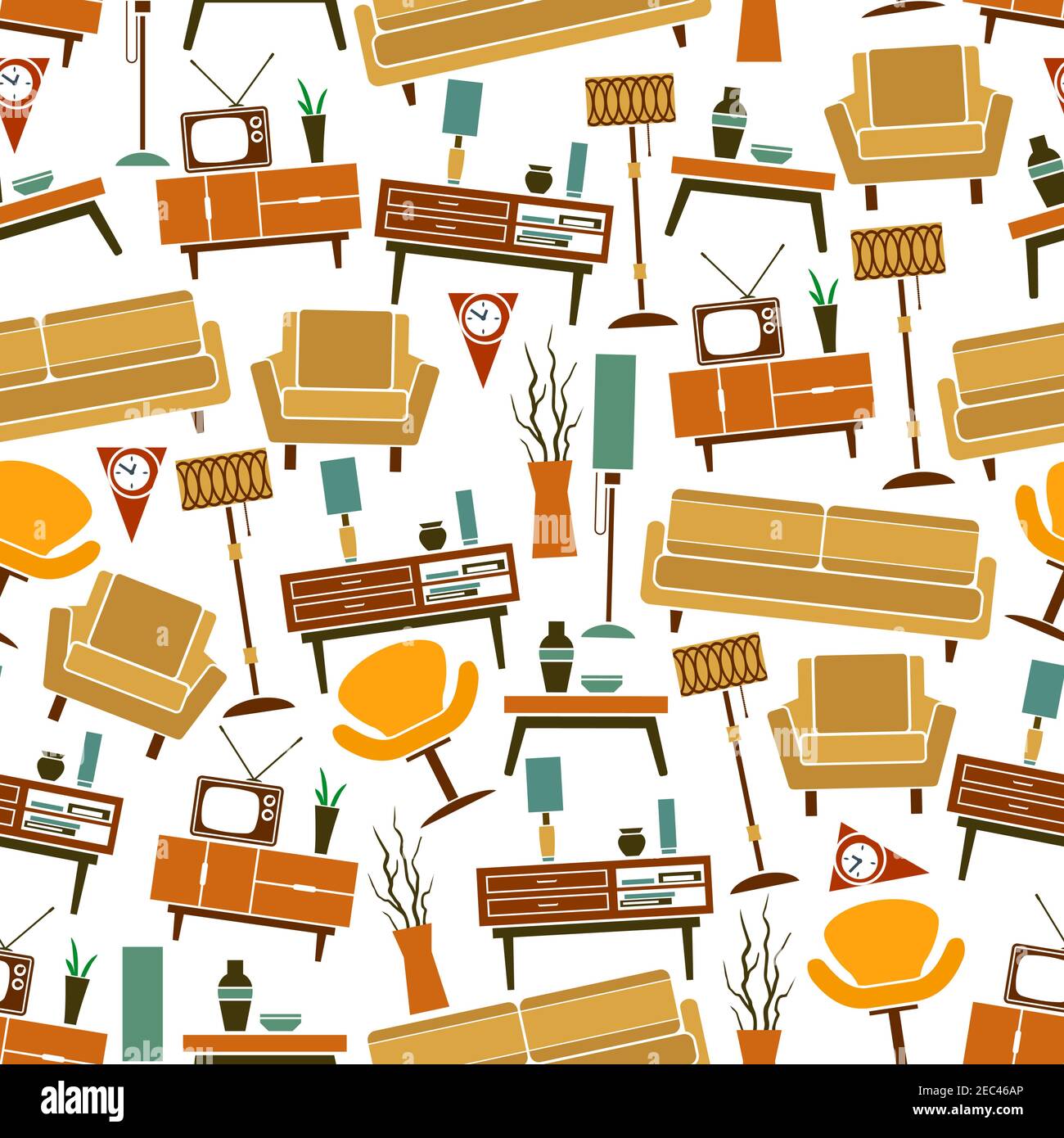 Retro Wohnzimmer Möbel und Haushaltsgeräte nahtlose Hintergrund für Innenarchitektur Verwendung mit flachen Muster von braun und gelb Sofas und Armcha Stock Vektor