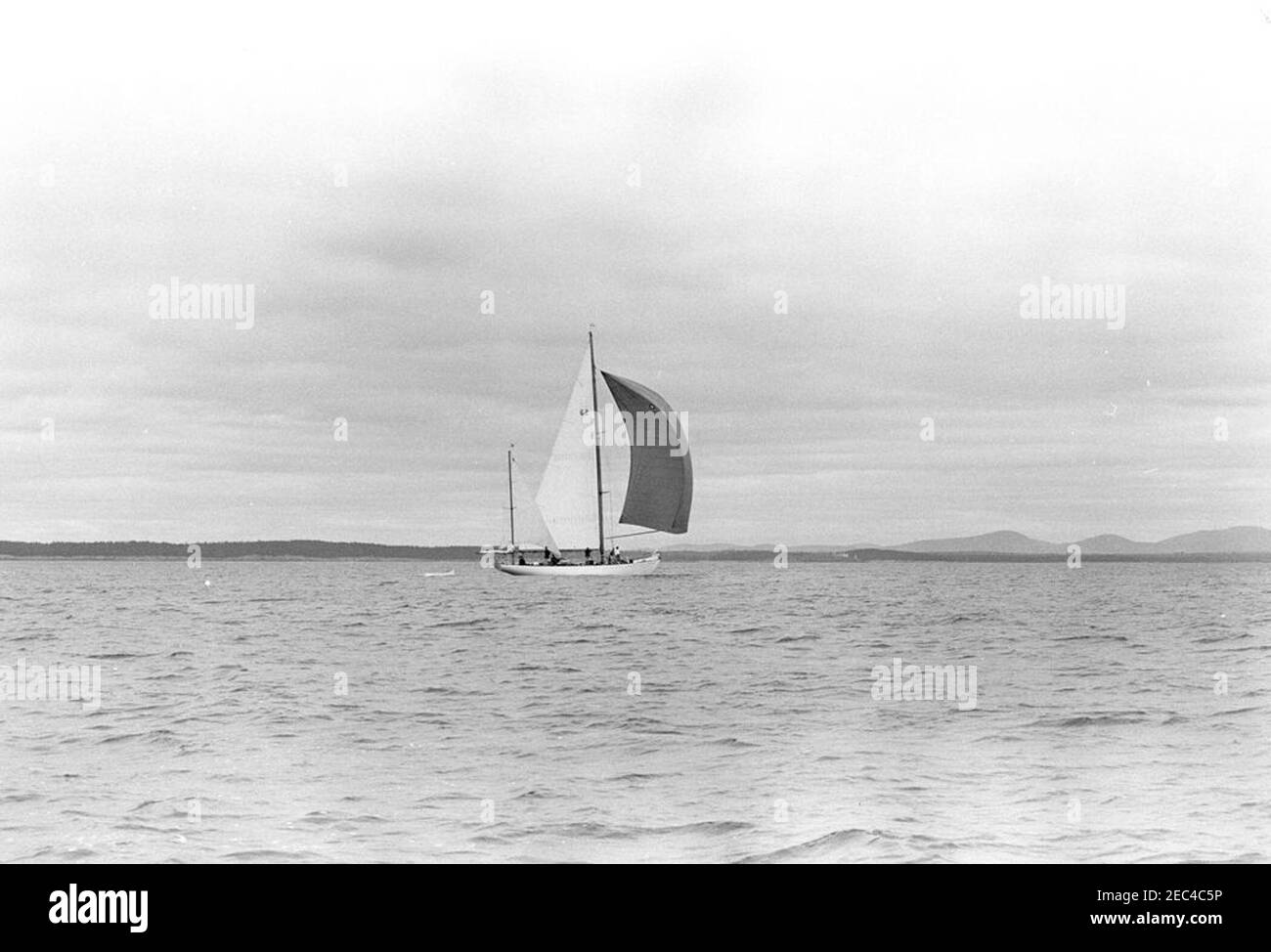 Wochenendkreuzfahrt in Maine: Segeln an Bord der United States Coast Guard (USCG) Yacht Manitou, Blick auf die Küste von Maine. Präsident John F. Kennedy segelt an Bord der United States Coast Guard Yacht, u201cManitou,u201d vor der Küste von Johns Island, Maine. Stockfoto