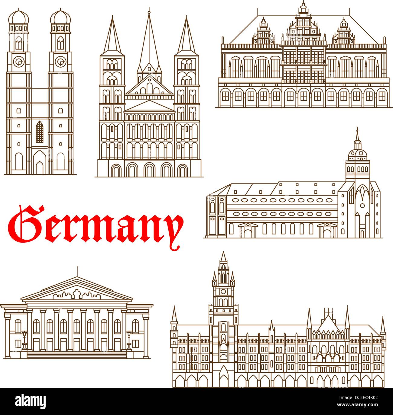 Berühmte deutsche Architekturreisen Wahrzeichen dünne Linie Symbol mit touristischen Attraktionen von München wie Nationaltheater und Neues Rathaus, St. Peter Stock Vektor
