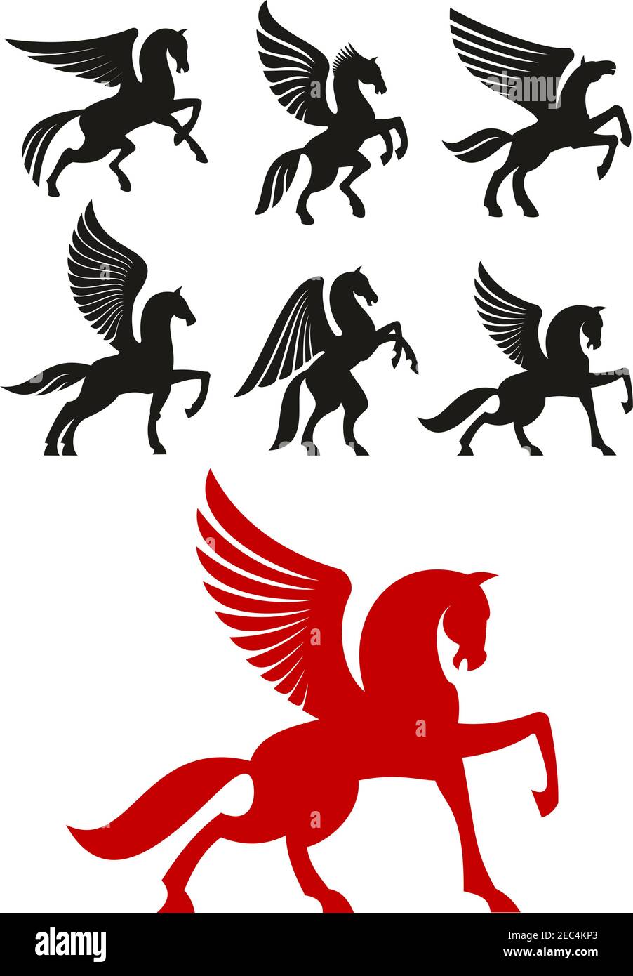 Pegasus Horses Silhouetten von tänzelnden und aufzuchtenden geflügelten Pferden mit erhobenen und gefalteten Flügeln. Heraldik oder T-Shirt-Druck Stock Vektor
