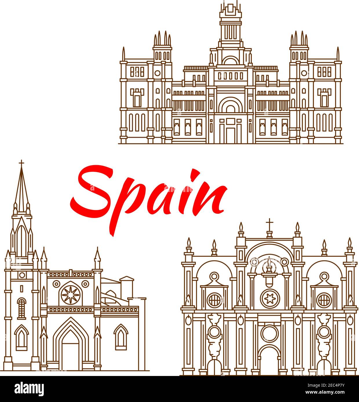 Symbolische Monumente und Bauwerke Spaniens mit dem Cybele Palast in Madrid, der Kathedrale des Hl. Jakobus in Bilbao und der Kathedrale von Granada. Spani Stock Vektor