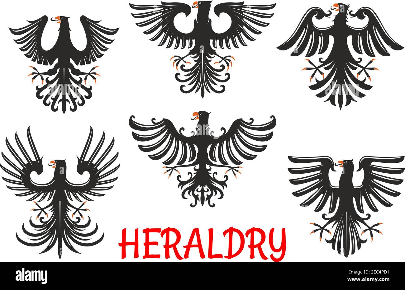 Schwarze Adler heraldische Greifvögel mit erhobenen und ausgestreckten Flügeln mit spitzen Federn nach oben. Wappen und Wappen Stock Vektor