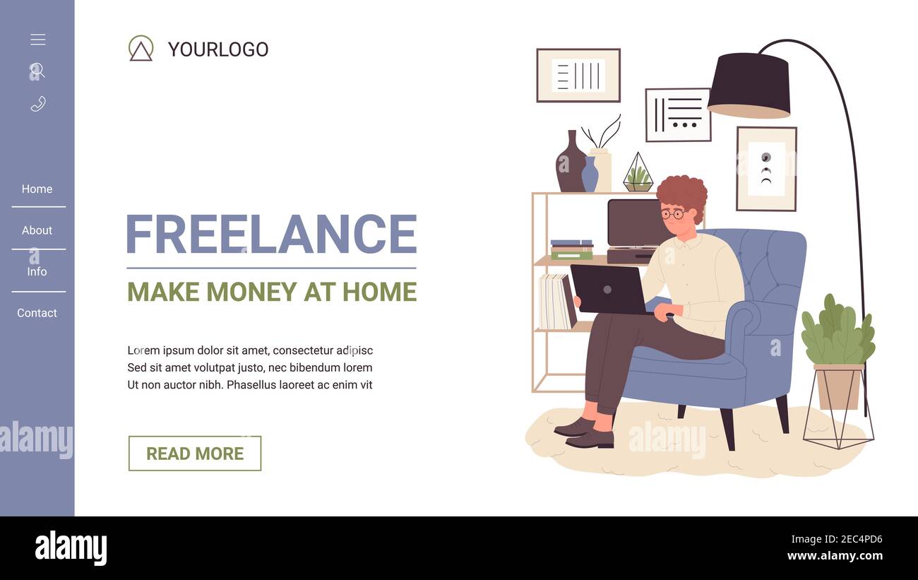 Freelance, Leute verdienen Geld zu Hause Vektor Illustration. Cartoon Website Vorlage mit Freiberufler junge Mann Charakter mit Laptop, sitzen in der häuslichen Einrichtung, selbstständige Telearbeit Technologie Stock Vektor