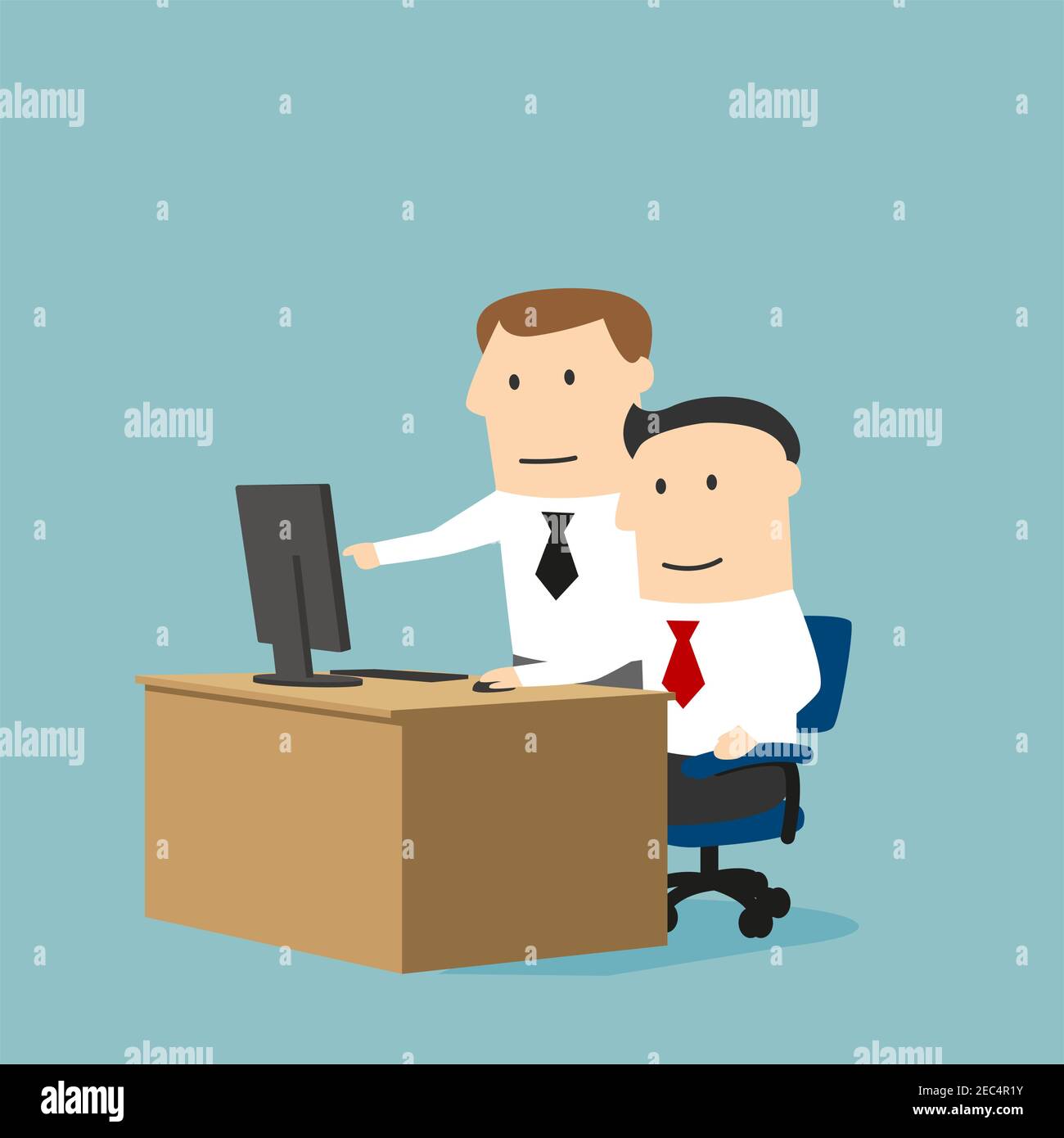 Teamarbeit und Unterstützung Business Concept Design Nutzung. Konzentrierter Cartoon Geschäftsmann und Chef arbeiten zusammen an einem Projekt mit Desktop-Compu Stock Vektor