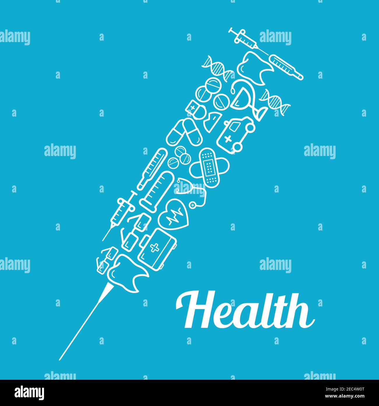 Spritzenform mit Nadel mit Gesundheitssymbolen. Zahn und Pille, Herz und Puls, Stethoskop und Arzt, Sanitäter und Krankenwagen, Thermometer und Kolben Stock Vektor