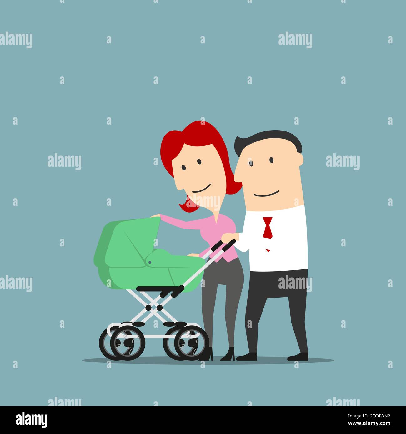 Vater und Mutter lächeln über Kinderwagen oder Buggy. Papa und Mama paar mit Kinderwagen als Zeichentrickfiguren. Konzeption von Ehe und Beziehung, pa Stock Vektor