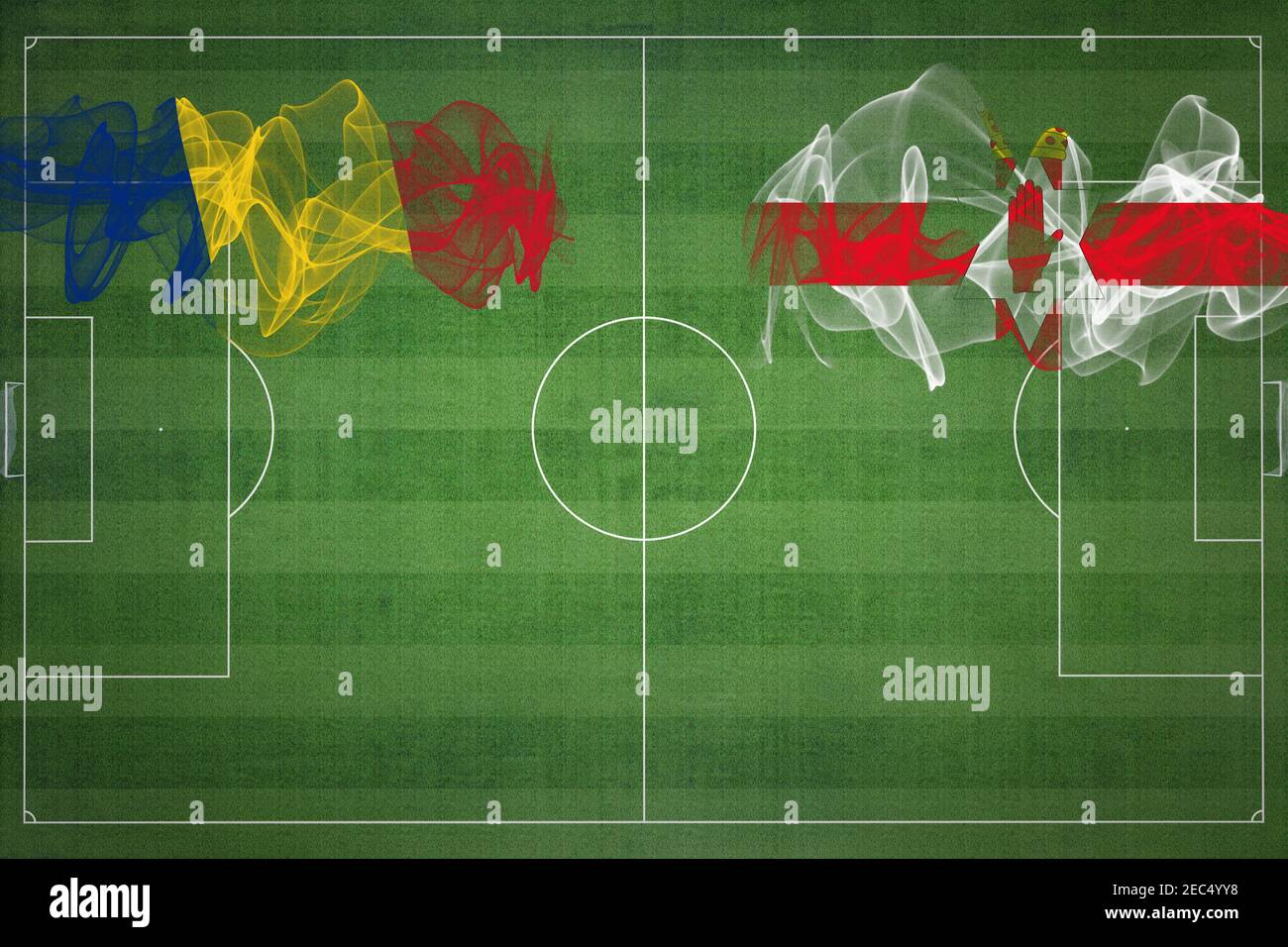 Rumänien vs Nordirland Fußballspiel, Nationalfarben, Nationalflaggen, Fußballfeld, Fußballspiel, Wettbewerbskonzept, Kopierraum Stockfoto