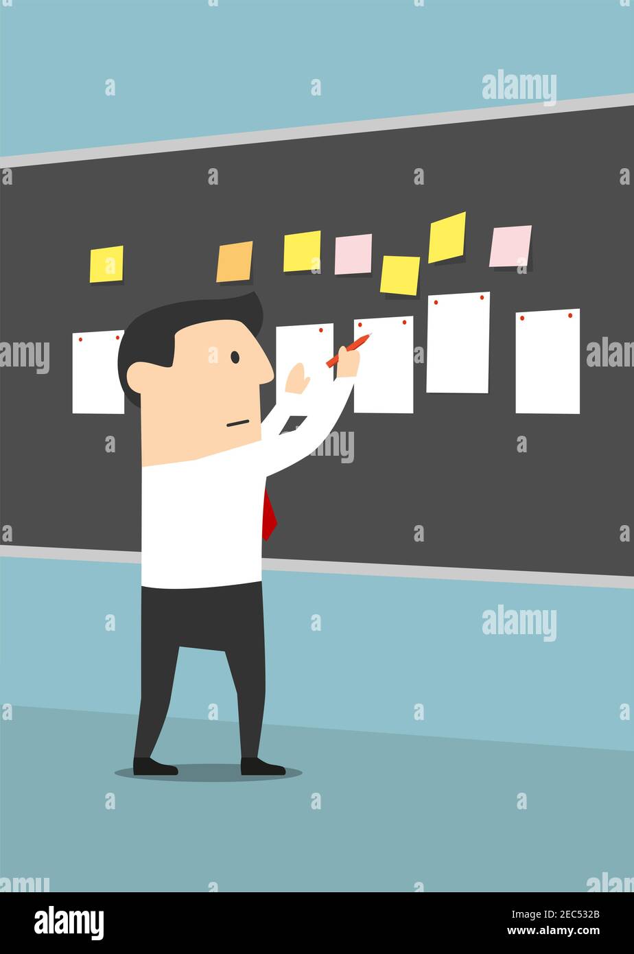 Geschäftsmann pinning Blatt Papier und Aufkleber auf Tafel mit konzentriertem oder ernsten Gesichtsausdruck. Manager, der einen Geschäftsplan oder eine andere Leitung erstellt Stock Vektor