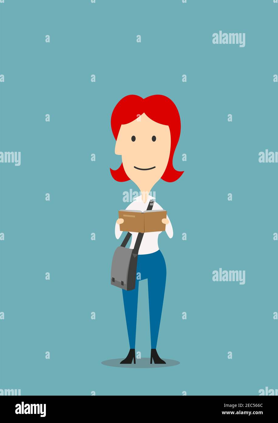 Rotschopf Frau mit Umhängetasche liest Buch. Bildung, Ich liebe das Lesen Konzept Design. Cartoon-Stil Stock Vektor
