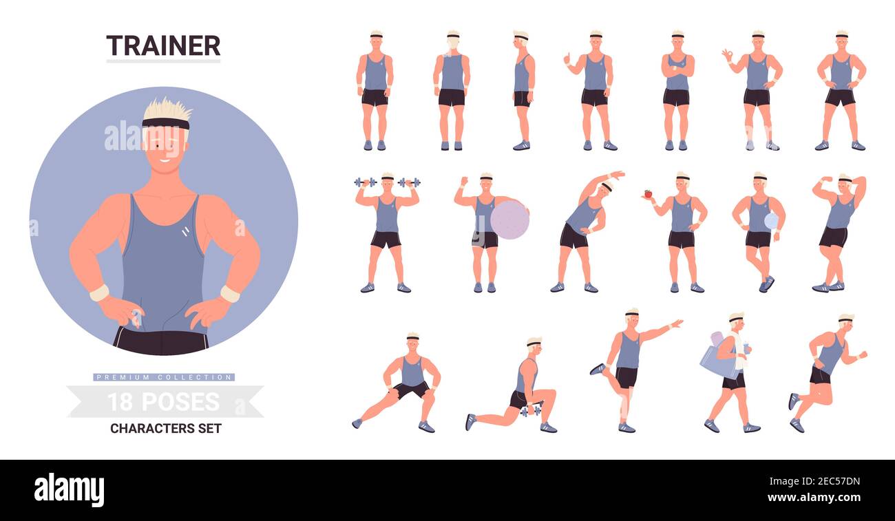 Sport Trainer Mann Posen Vektor Illustration Set. Cartoon männlichen Charakter zeigt Muskeln, posiert mit Ball, Übungen mit Hanteln, Training stehend in verschiedenen Haltungen isoliert auf weiß Stock Vektor