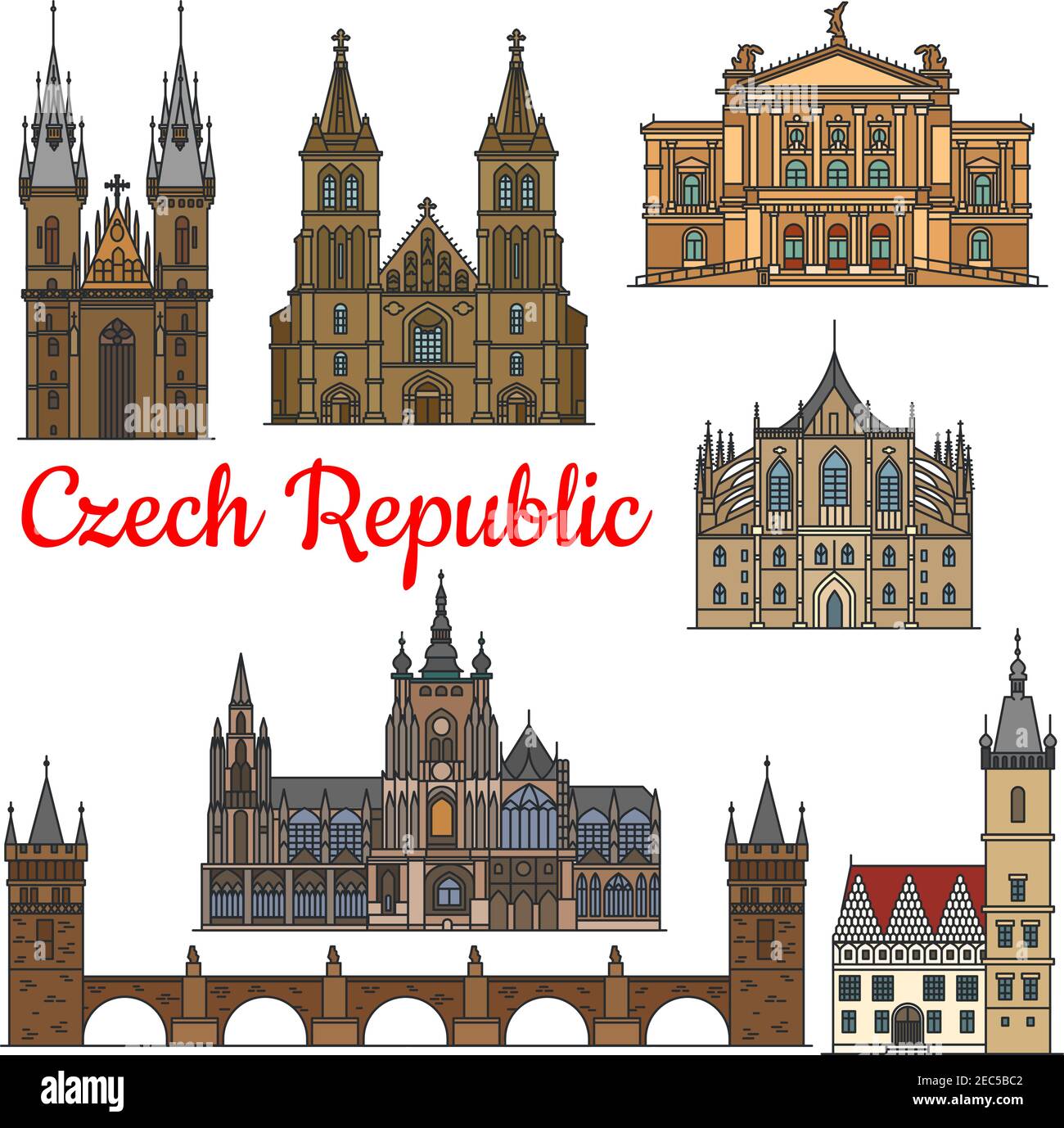 Reisen Wahrzeichen der Tschechischen Republik Ikone mit linearen Karlsbrücke, Kirche der Mutter Gottes, St. Veits Kathedrale, Oper, Neues Rathaus, Kathed Stock Vektor