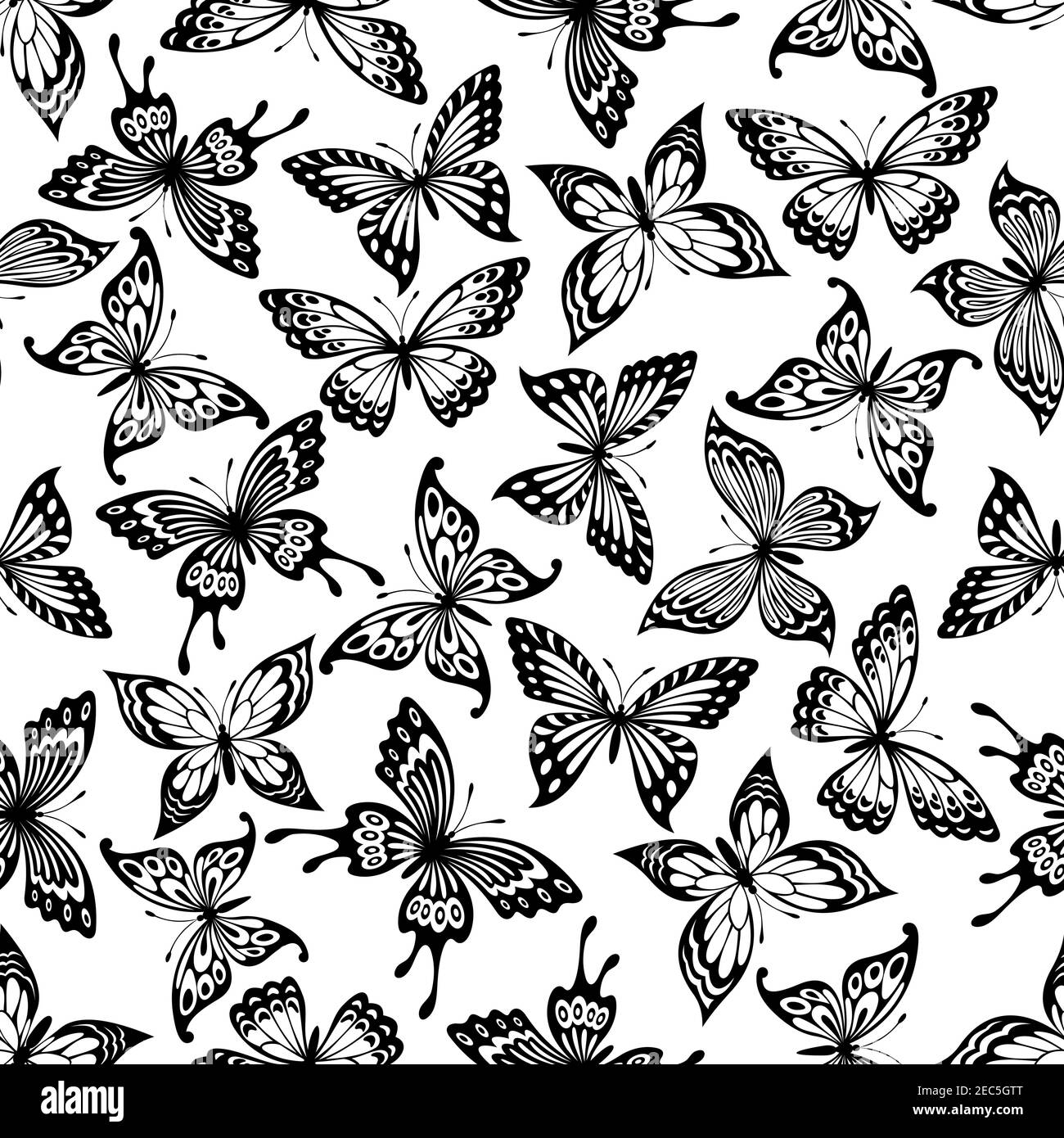 Schmetterlinge Nahtloses Muster mit schwarz-weißem Hintergrund von Monarch, Schwalbenschwanz und buckeye Schmetterlinge mit ornamentalen offenen Flügeln. Natur-Koncep Stock Vektor
