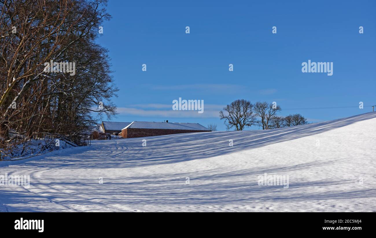 Ein Bauernhof und seine schneebedeckten Steingebäude über einem abfallenden Feld mit langen Schatten, die von der Baumlinie über den weißen Hang geworfen werden. Stockfoto