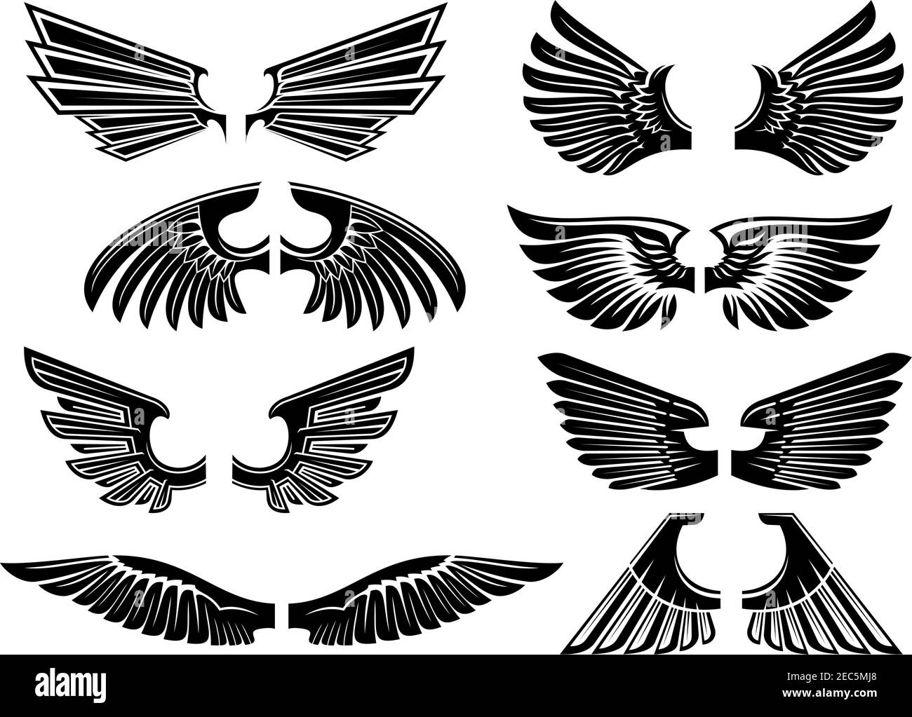 Heraldische Flügel von Engel oder Vogel schwarze Silhouetten von ausgebreiteten Flügeln mit Tribal stilisiertem Gefieder und spitzen Federn. Heraldry Thema oder Tattoo-Design Stock Vektor