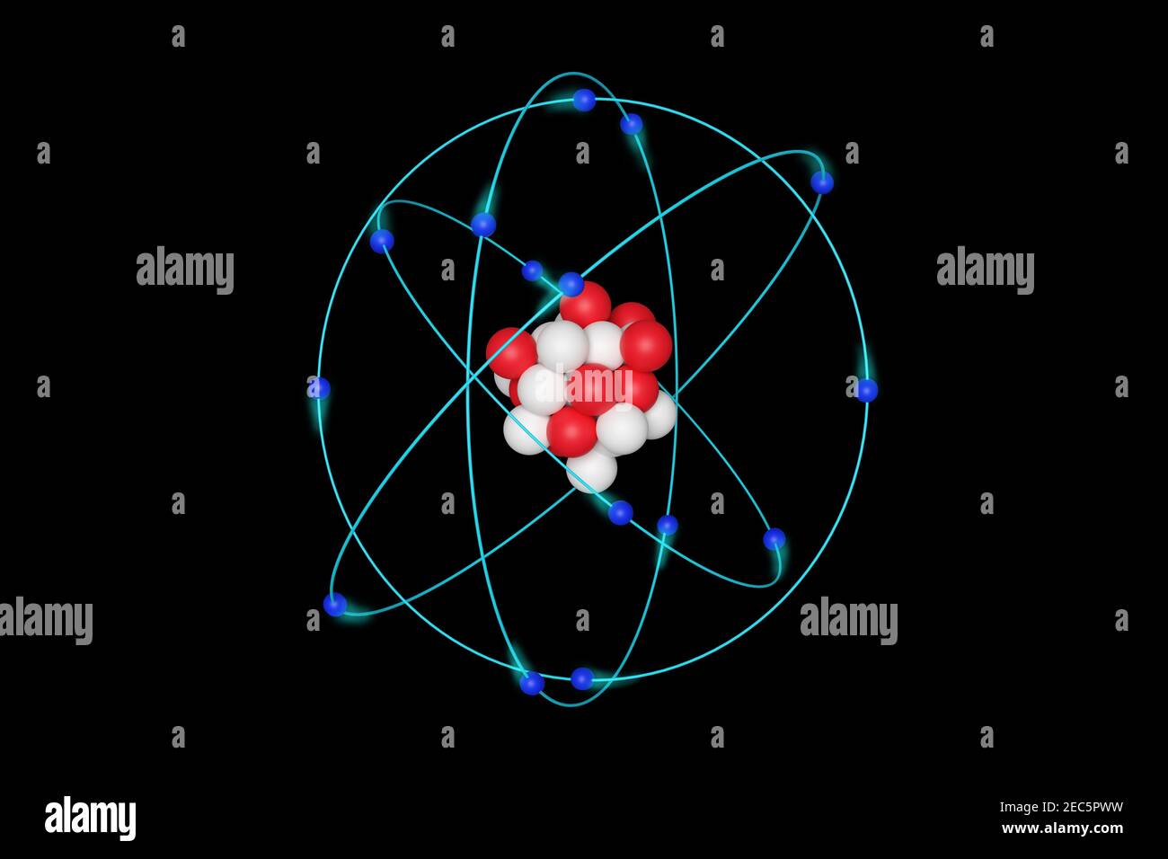 Atom. Modell der atomaren Struktur mit Kern, Elektronen und Umlaufbahnen isoliert auf schwarzem Hintergrund. 3D Abbildung. Stockfoto