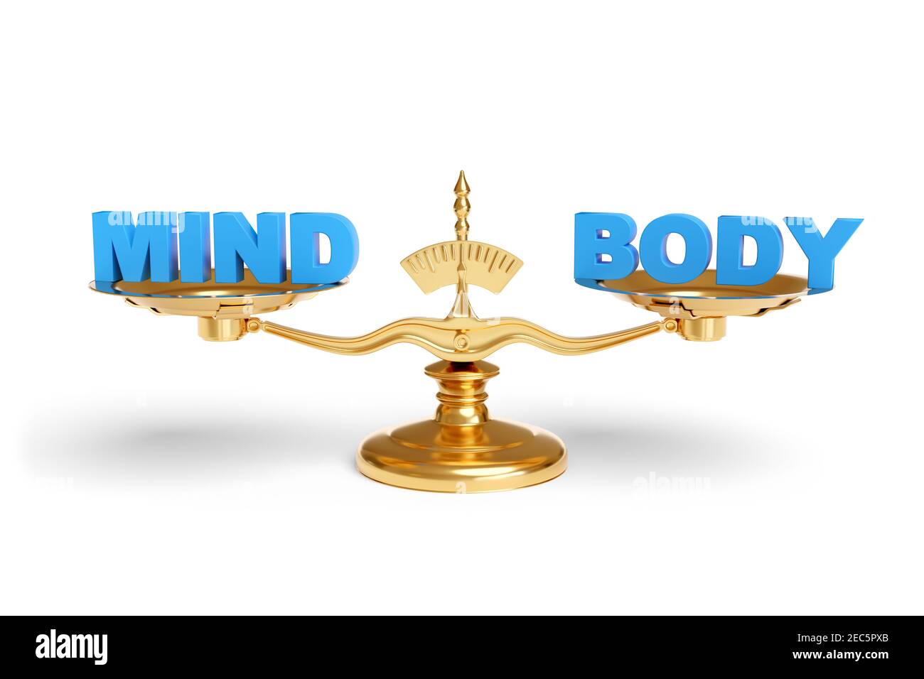 Wägemaschine mit den Worten "Geist" und "Körper" auf jeder seiner Platten isoliert auf weißem Hintergrund. 3D Abbildung. Stockfoto