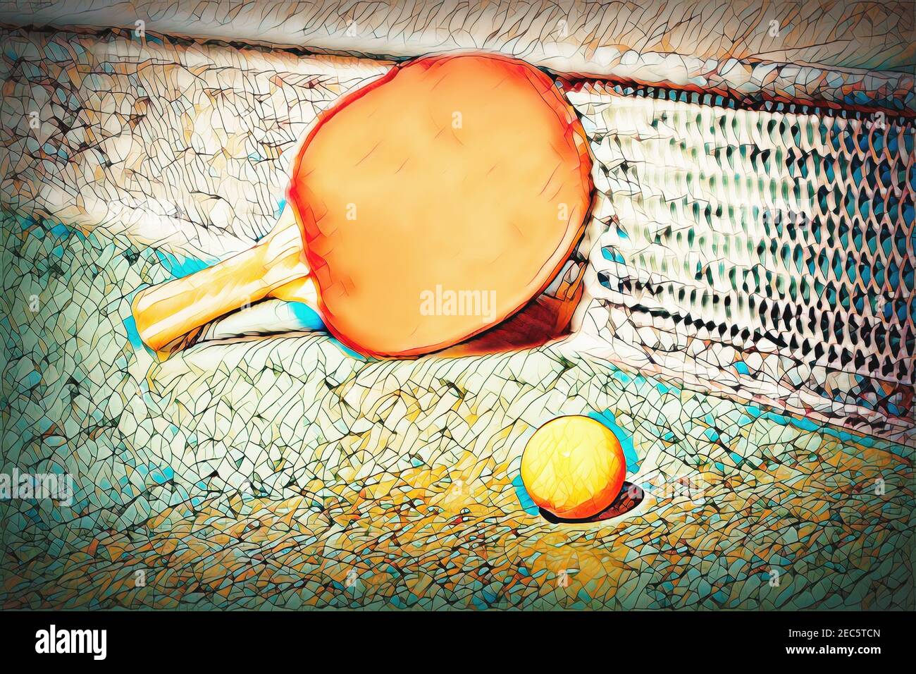 Details der Pingpong-Tisch mit Ausrüstung und gelben Ball zu spielen. Stockfoto