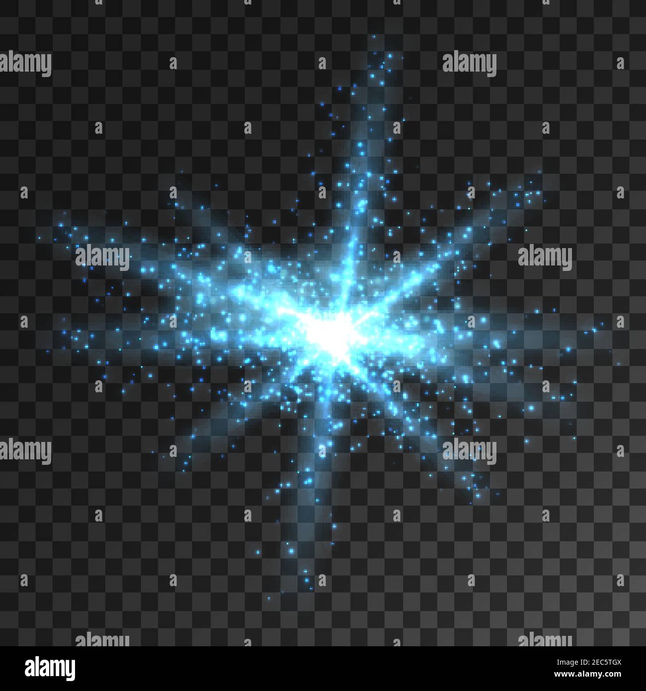 Leuchtendes Licht. Vektor leuchtende Sternstrahlen. Blaue Glitzer Partikel Explosion. Glitzernde Funkeln Burst-Effekt auf transparentem Hintergrund Stock Vektor