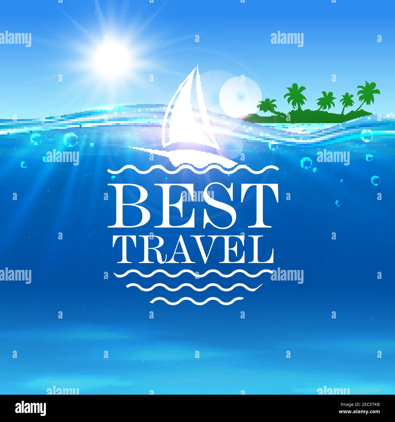 Vektorposter für Sommerreisen. Meer, tropische Palmeninsel, Schiff. Strand am Meer mit strahlender Sonne, weiße Yacht, Wasserwellen. Plakat für Reisewerbung Stock Vektor