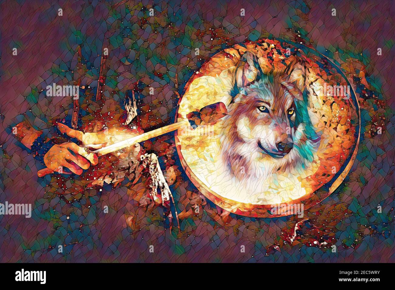 Schamanisches Mädchen mit Rahmentrommel auf abstraktem strukturiertem Raumhintergrund. Stockfoto