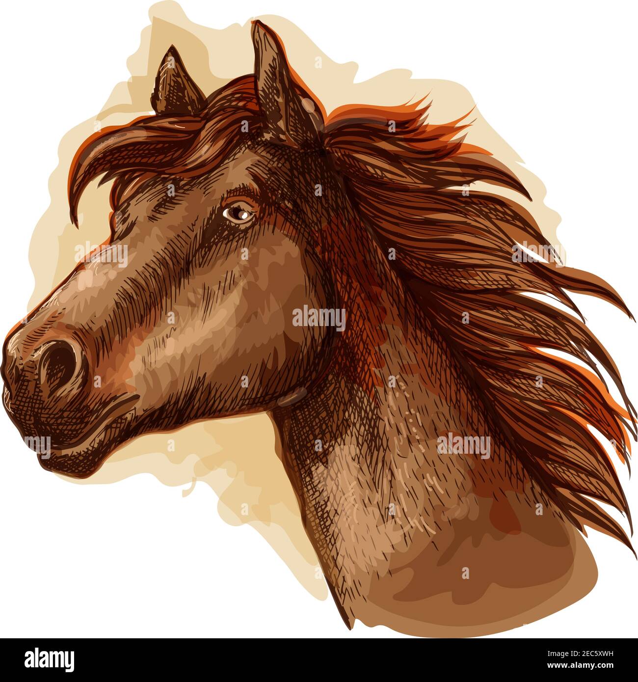 Braune Stute Pferdekopf Ikone mit Lorbeer Rennpferd. Pferdesport-Symbol, Pferderennen und T-Shirt-Print-Design Stock Vektor