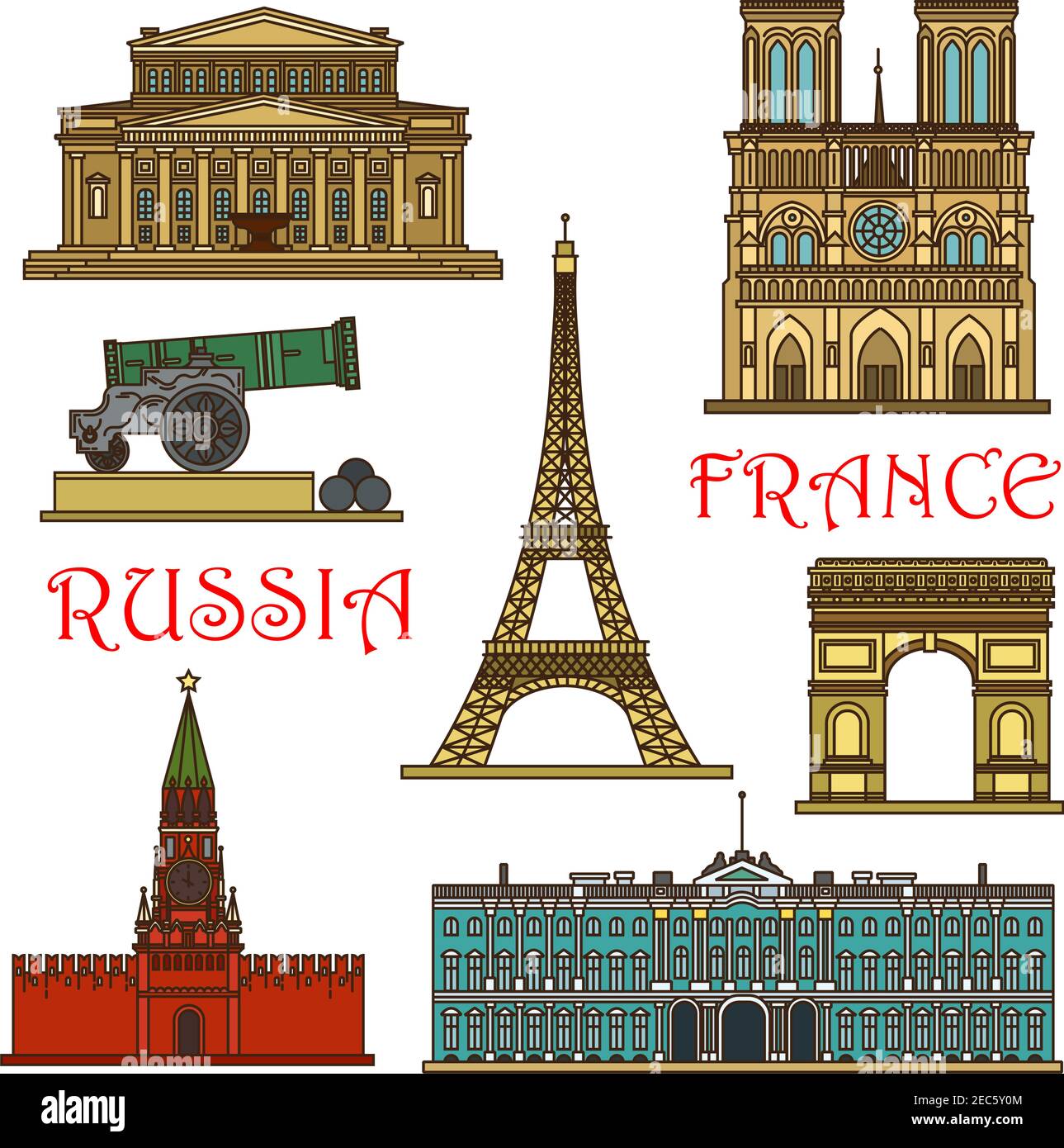 Weltberühmte Wahrzeichen von Russland und Frankreich lineare Ikone mit Eiffelturm, rotem Platz und Kreml, Notre Dame Kathedrale, Triumphbogen, Winterpalast Stock Vektor