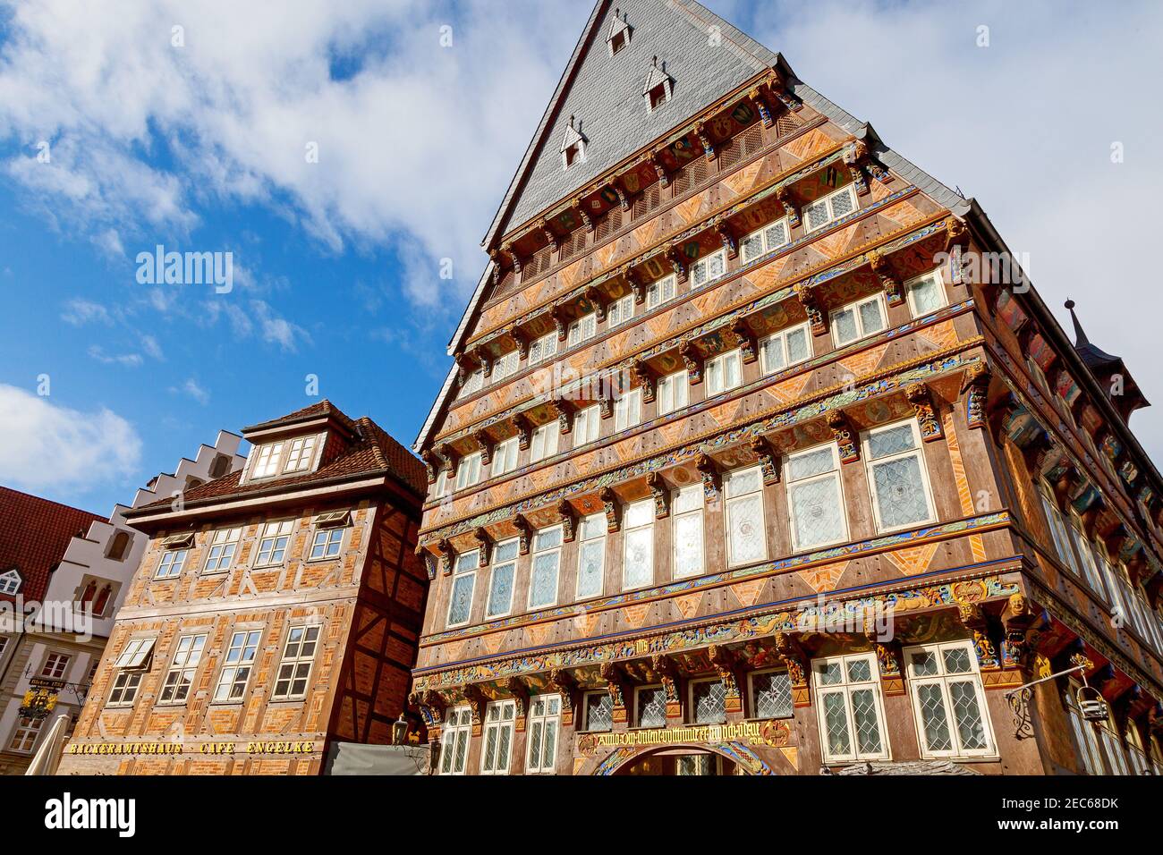 Straßenansicht Amtshaus Stuben, Cafe Engelke- und Bäckeramtshaus, Hildesheim, Niedersachsen, Deutschland. Stockfoto