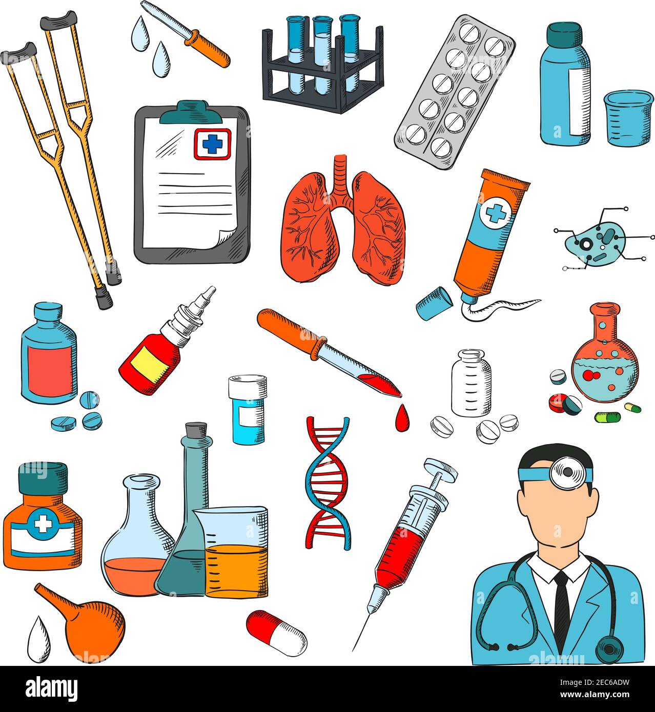 Medizinische Symbole eingestellt. Medizinwerkzeuge und Behandlungssymbole. Lunge, Spritze, Pillen, Arzt, Pipette, Salbe dna-Medikamente Ausrüstung Stock Vektor