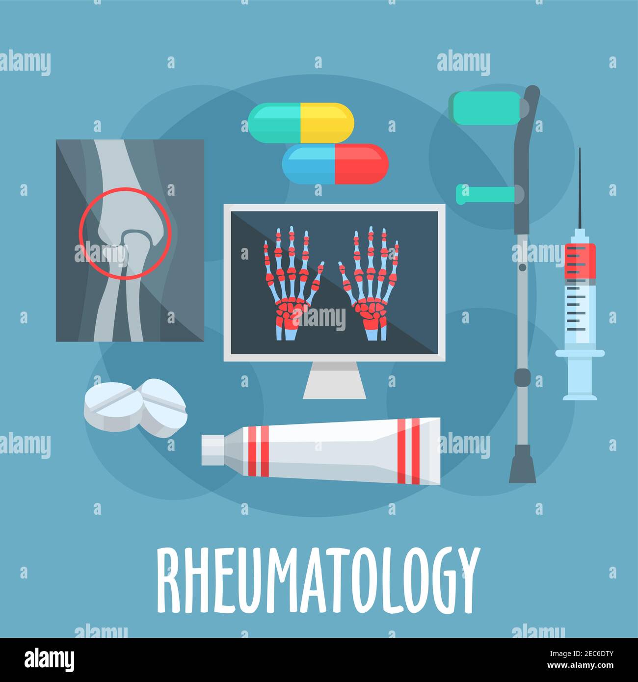 Rheumatologie flache Ikone der Diagnostik und Therapie von rheumatischen Erkrankungen mit Symbolen von Röntgenscans des Kniegelenks und der Hände mit Arthritis, Stock Vektor