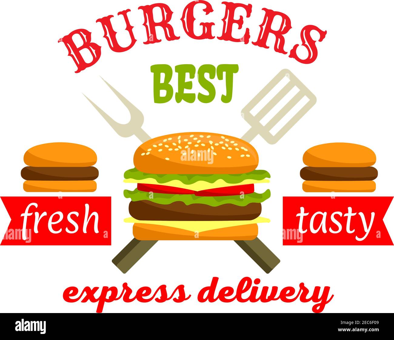 Burger Express-Lieferung. Fastfood-Label-Design. Hamburger und Cheeseburger Elemente mit Spachtel und Gabel. Vector Fast Food grafische Elemente. Illustre Stock Vektor