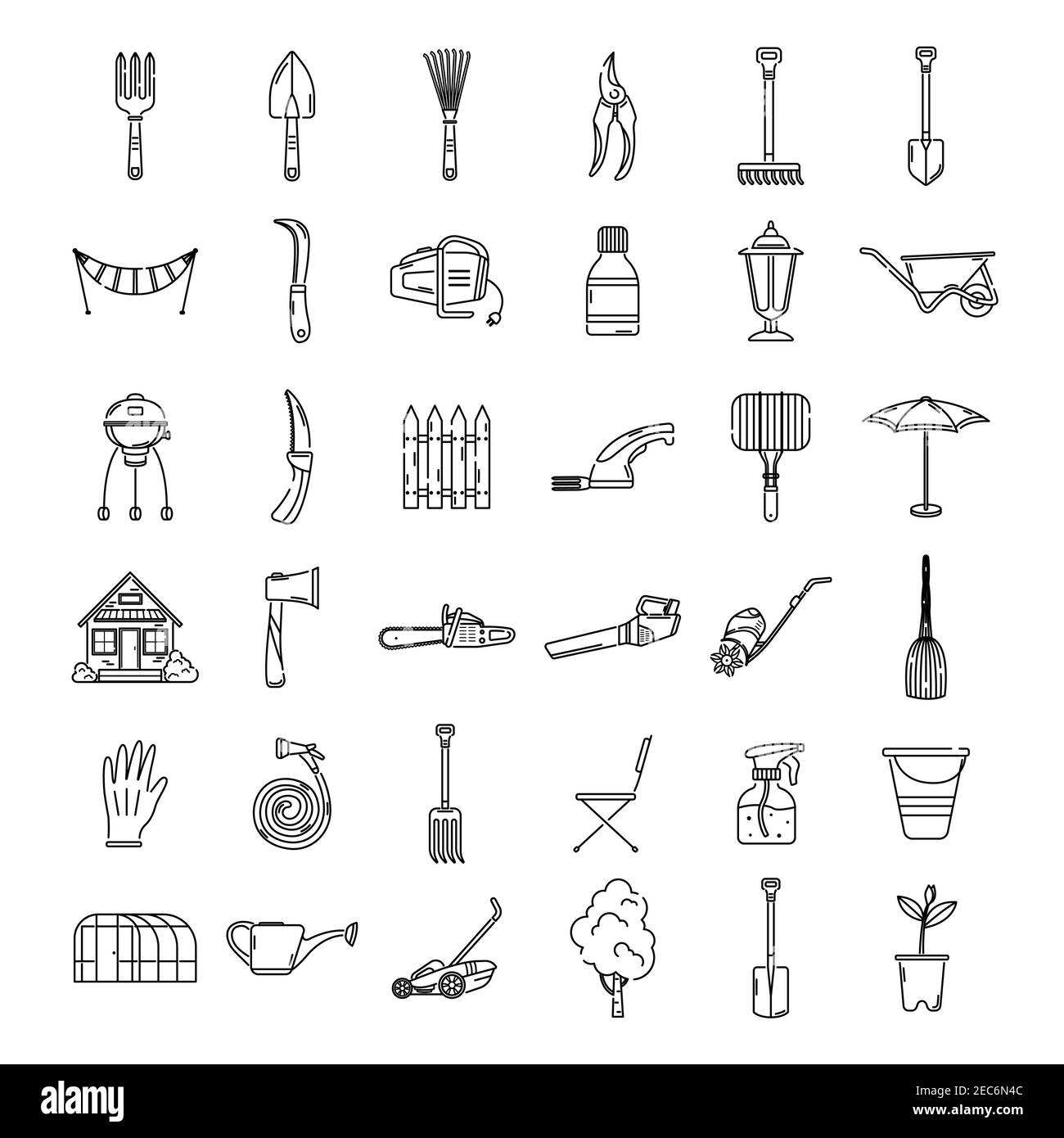 Eine Reihe von Garten-Ikonen, Werkzeuge, Erholung. Gartensymbole. Logo Lineart. Stock Vektor