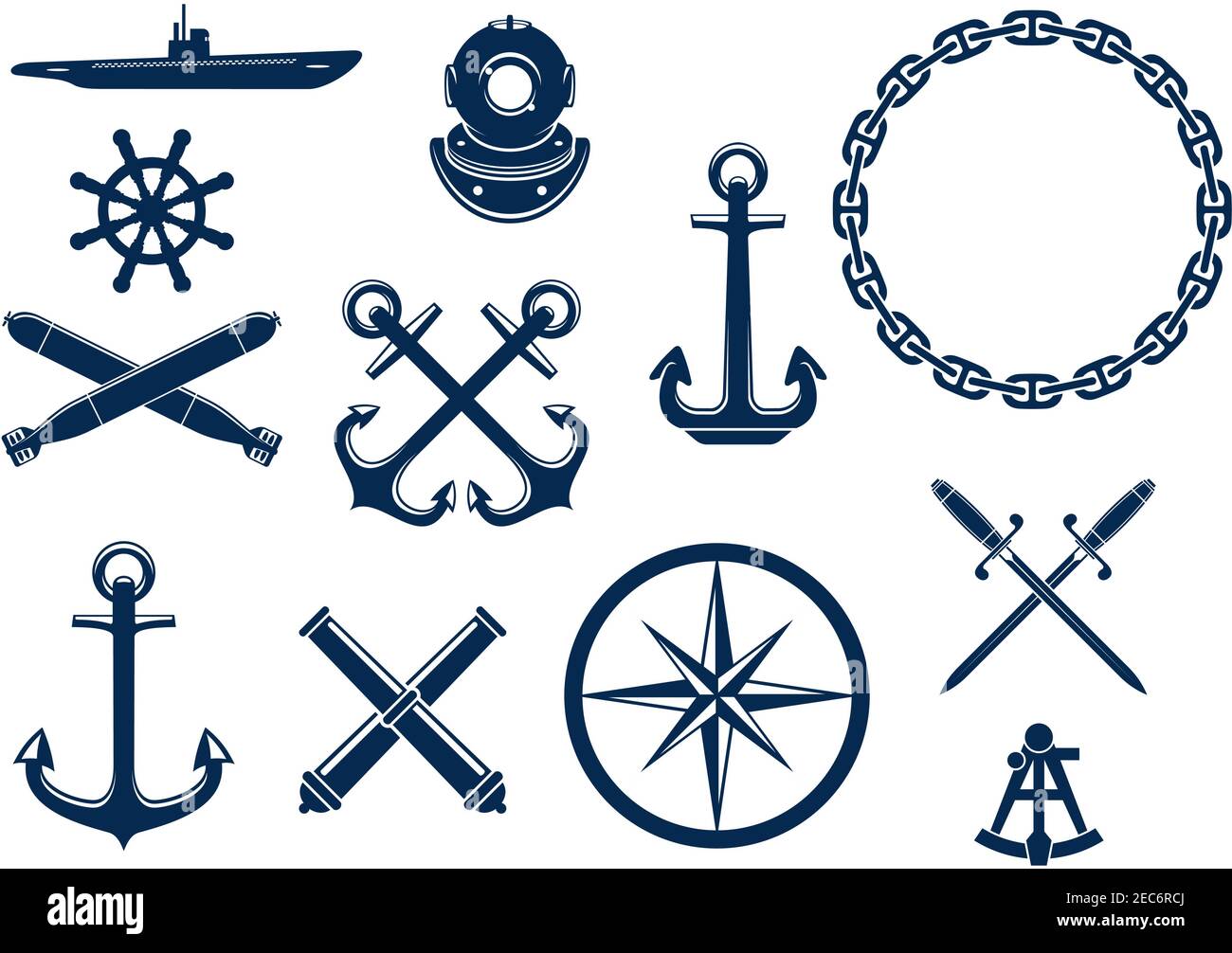 Marine und nautische flache Symbole und Symbole gesetzt. Vektor-Emblem blaue Elemente von Anker, Kette, Lenkrad, U-Boot, Sextant, Bomben, Kanonen, Schwor Stock Vektor
