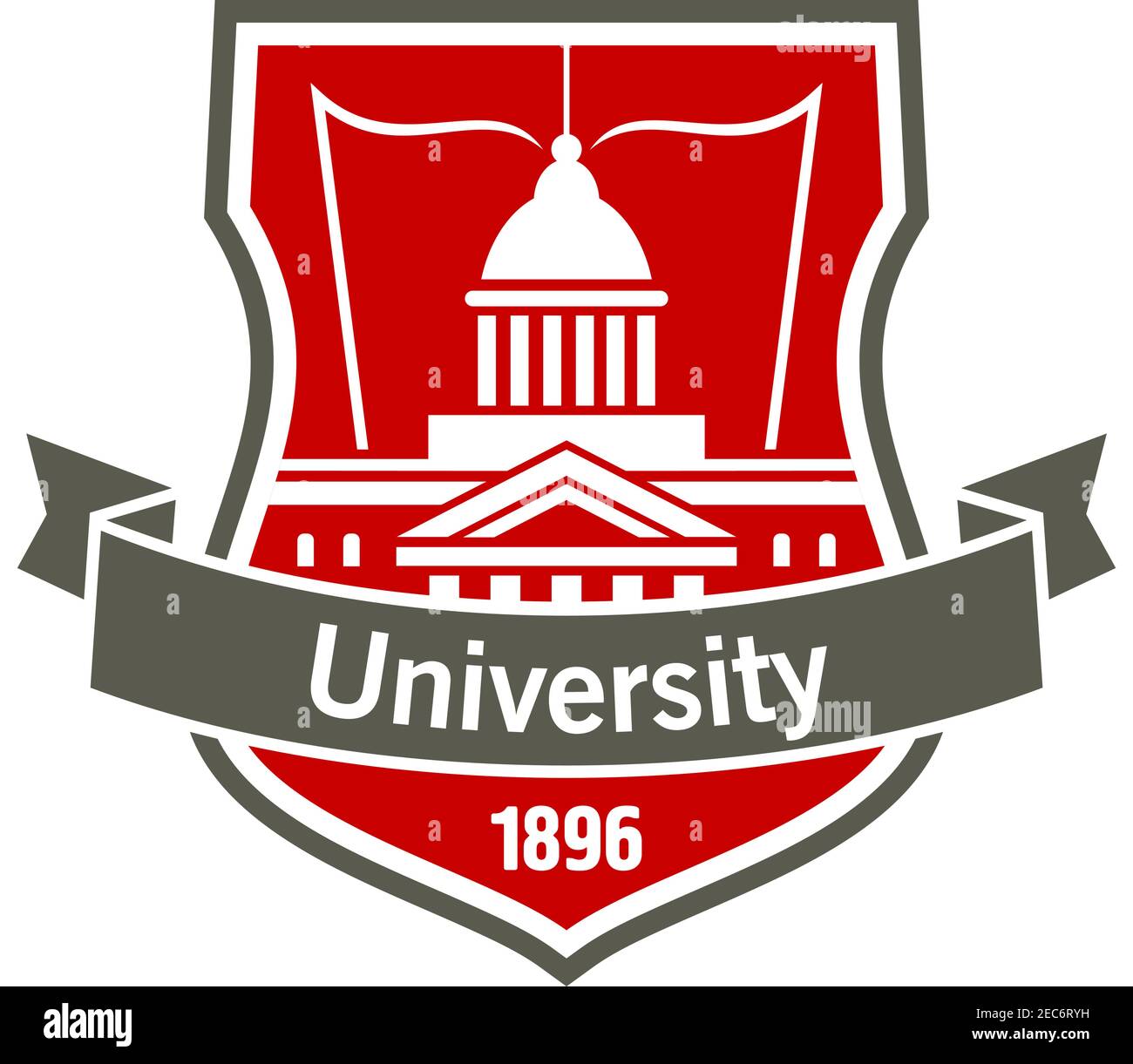 Heraldische Abzeichen der Universität mit weißer Silhouette der Bildungseinrichtung Gebäude mit offenem Buch, auf einem Schild mit gebogenem Band Banner und platziert Stock Vektor