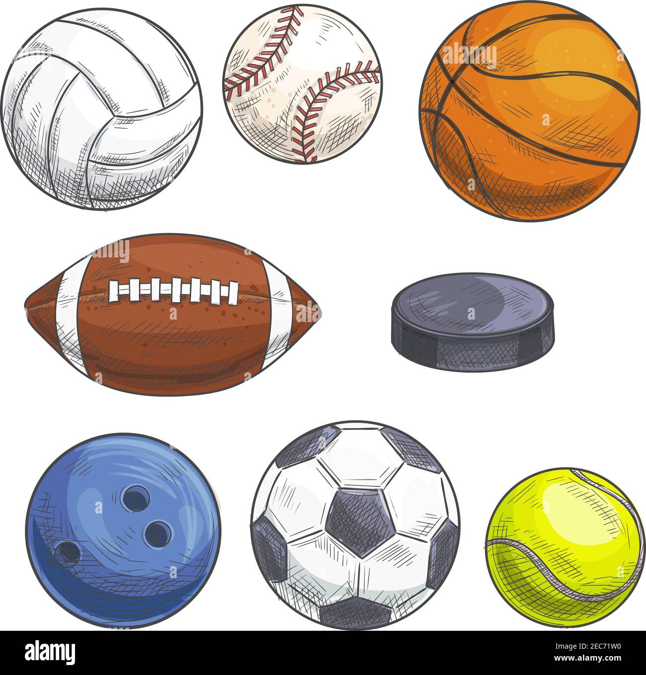 Sportbälle Set. Handgezeichnete Farbstift-Illustration. Vektor Skizze Symbole von Sport-Gaming-Zubehör. Freihandzeichnungen von Bällen für Rugby, Footbal Stock Vektor