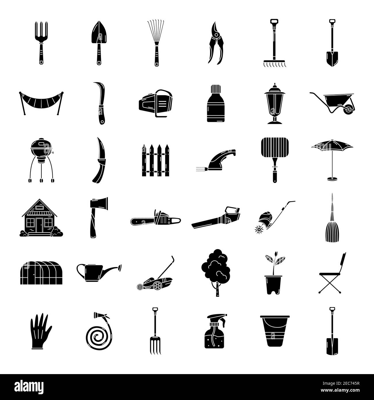 Eine Reihe von Garten-Ikonen, Werkzeuge, Erholung. Einfache Symbole für den Garten. Logo. Stock Vektor