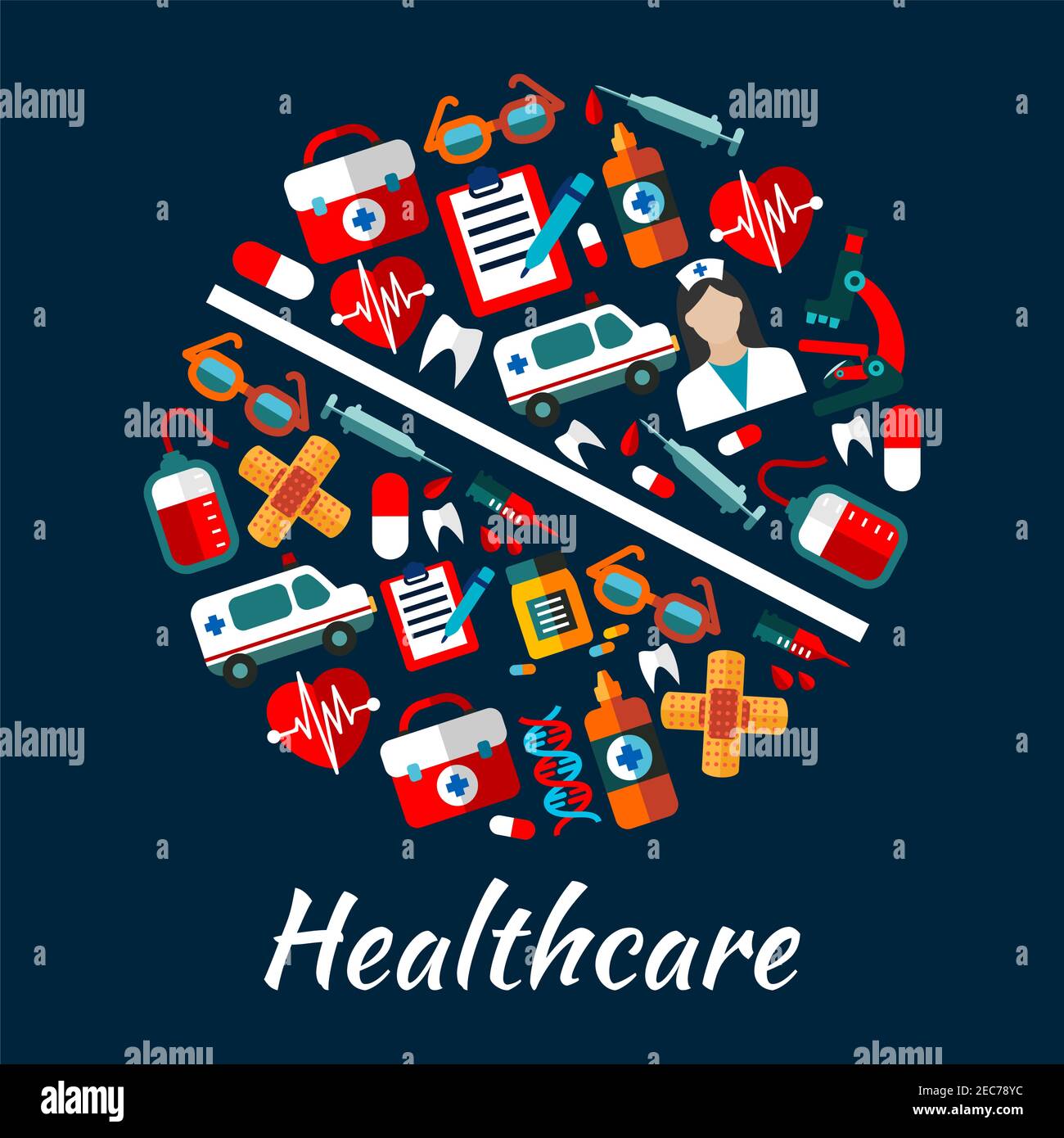 Medizinische Infografik Poster Hintergrund in Pillenform. Vektorsymbole und Symbole für medizinische Geräte und Therapiespritze, Krankenschwester, Flüssigkeit, Pipette, pi Stock Vektor