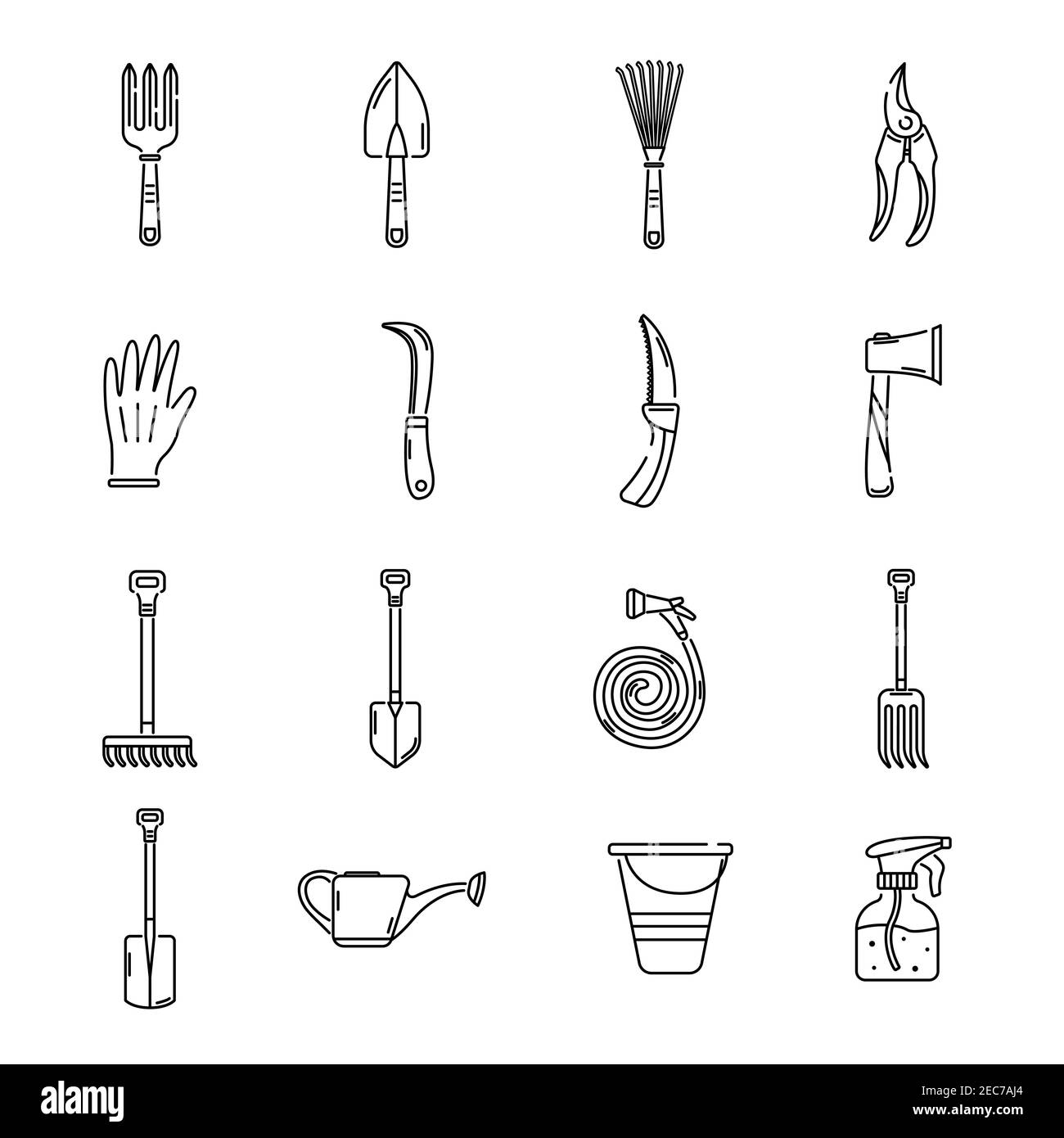Eine Reihe von Garten-Ikonen, Werkzeuge, Erholung. Einfache Symbole für den Garten. Logo. Stock Vektor