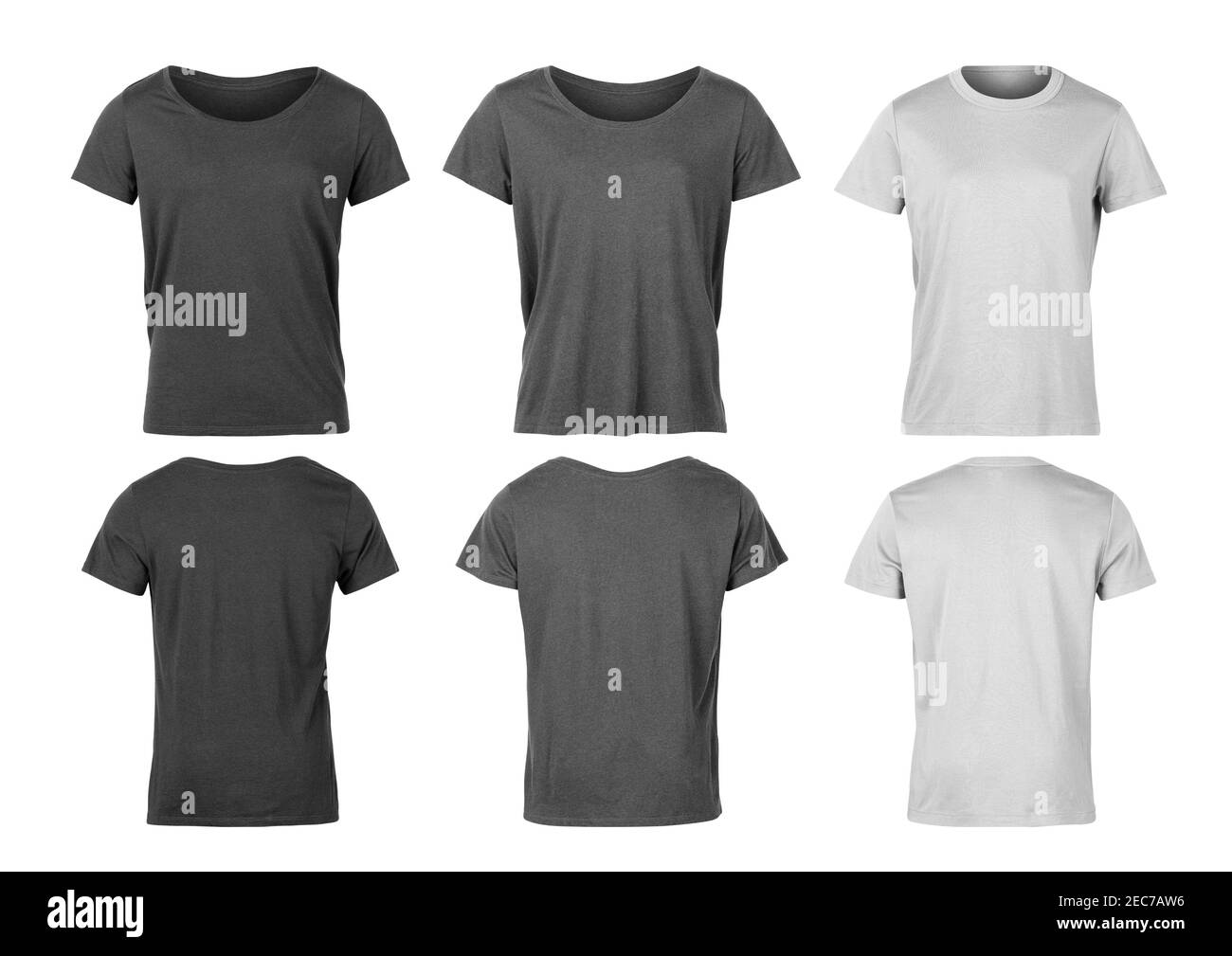 Set von Grau Unisex T-Shirt vorne und hinten mockup isoliert auf weißem Hintergrund mit Clipping Pfad. Stockfoto