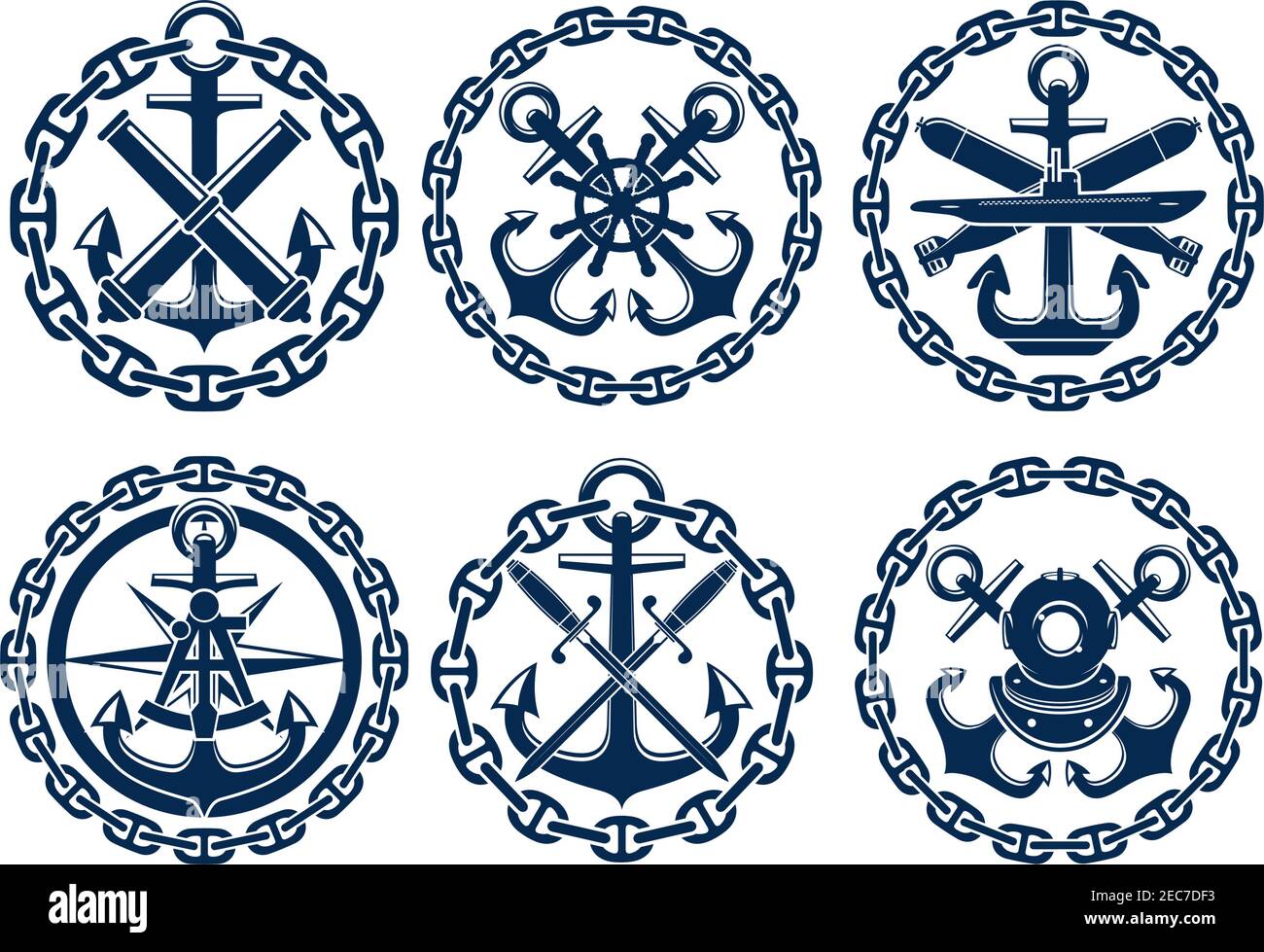 Marine und nautische Embleme, Ikonen, Abzeichen. Grafische Insignien Elemente von Anker, Kette, Lenkrad, U-Boot, Sextant, Bomben Kanonen Schwerter Stock Vektor