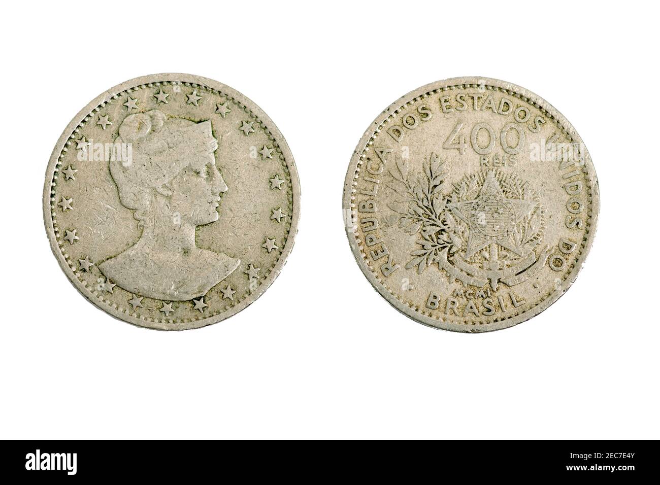 Alte alte Jahrgangsmünze Geld Brasilianisch 1901 Silber 400 Reis UNC erste Republik (1889 - 1942) Stockfoto