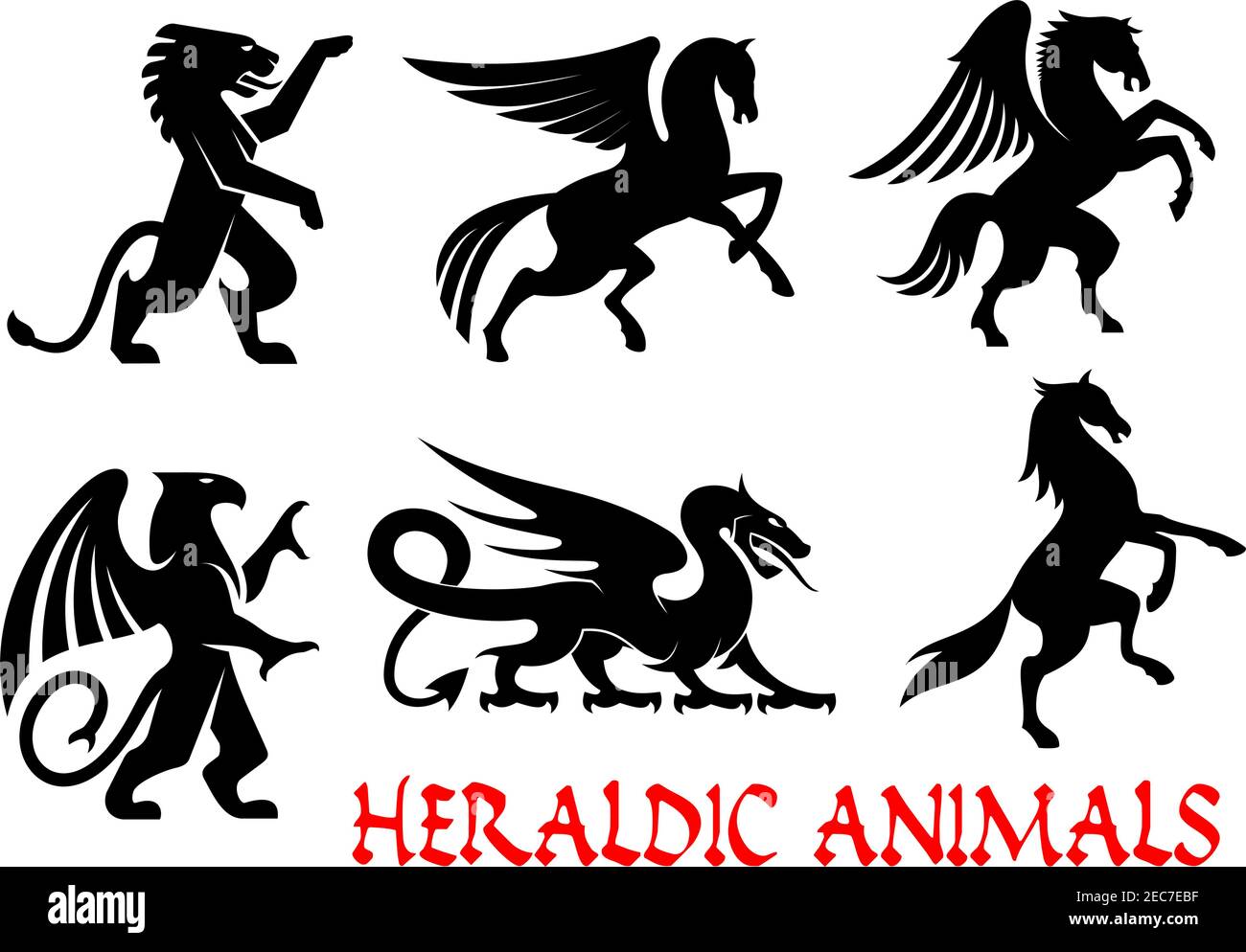 Symbole für heraldische Tiere. Pegasus, Griffin, Drache, Löwe, Pferd, Einhorn Umriss Silhouetten für Tattoo, Heraldik oder Tribal Schild Emblem. Fantasy Gothi Stock Vektor
