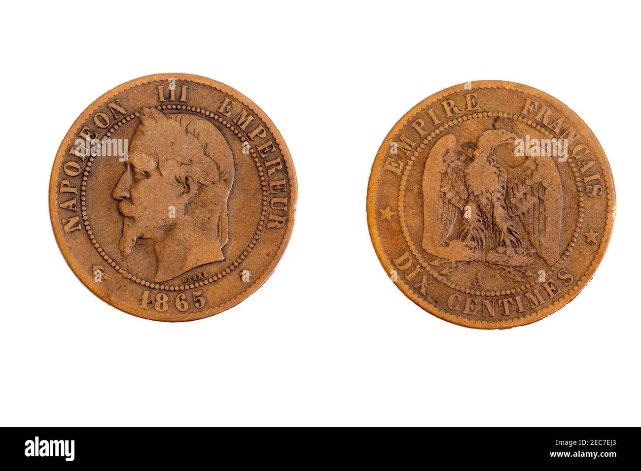 Alte alte alte Jahrgangsmünze Geld Napoleon III von Frankreich Französisch Franc 10 Centimes 1865 Stockfoto