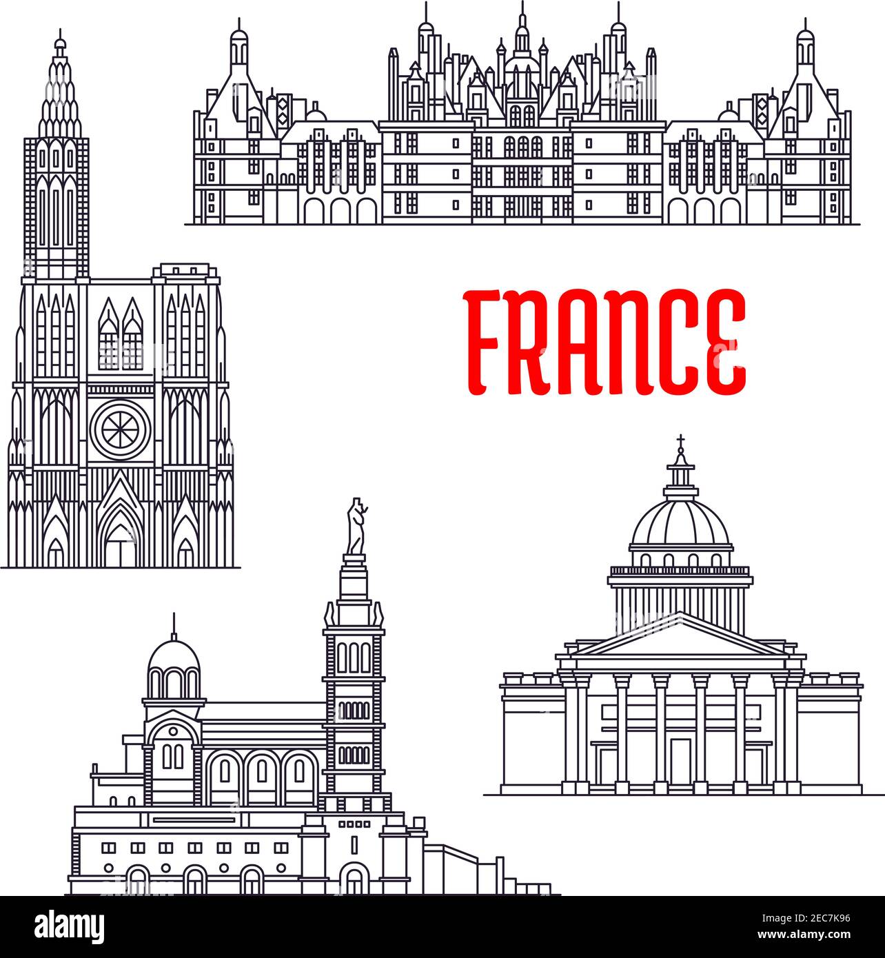 Historische Architektur Gebäude von Frankreich. Vektor dünne Linie Ikonen des Pantheon, Chateau de Chambord, Basilique Notre Dame de La Garde, Strasbourg Cathe Stock Vektor
