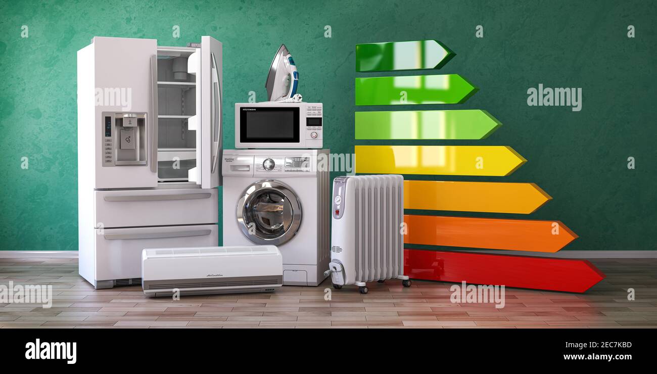 Energieeffizienz von Haushaltsküchengeräten Konzept. 3D Abbildung Stockfoto