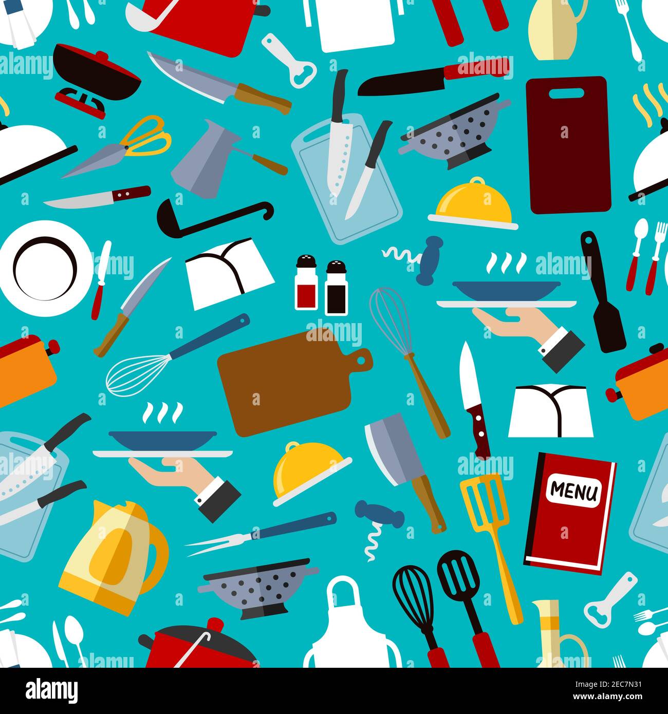 Restaurant Küchenutensilien nahtlose Muster mit Messer, Gabel, Löffel, Kochmütze, Pfanne, Spachtel, Menü, Kaffeekanne, Wasserkocher, Schere, Schöpfkelle, Schneebesen Tablett Cu Stock Vektor