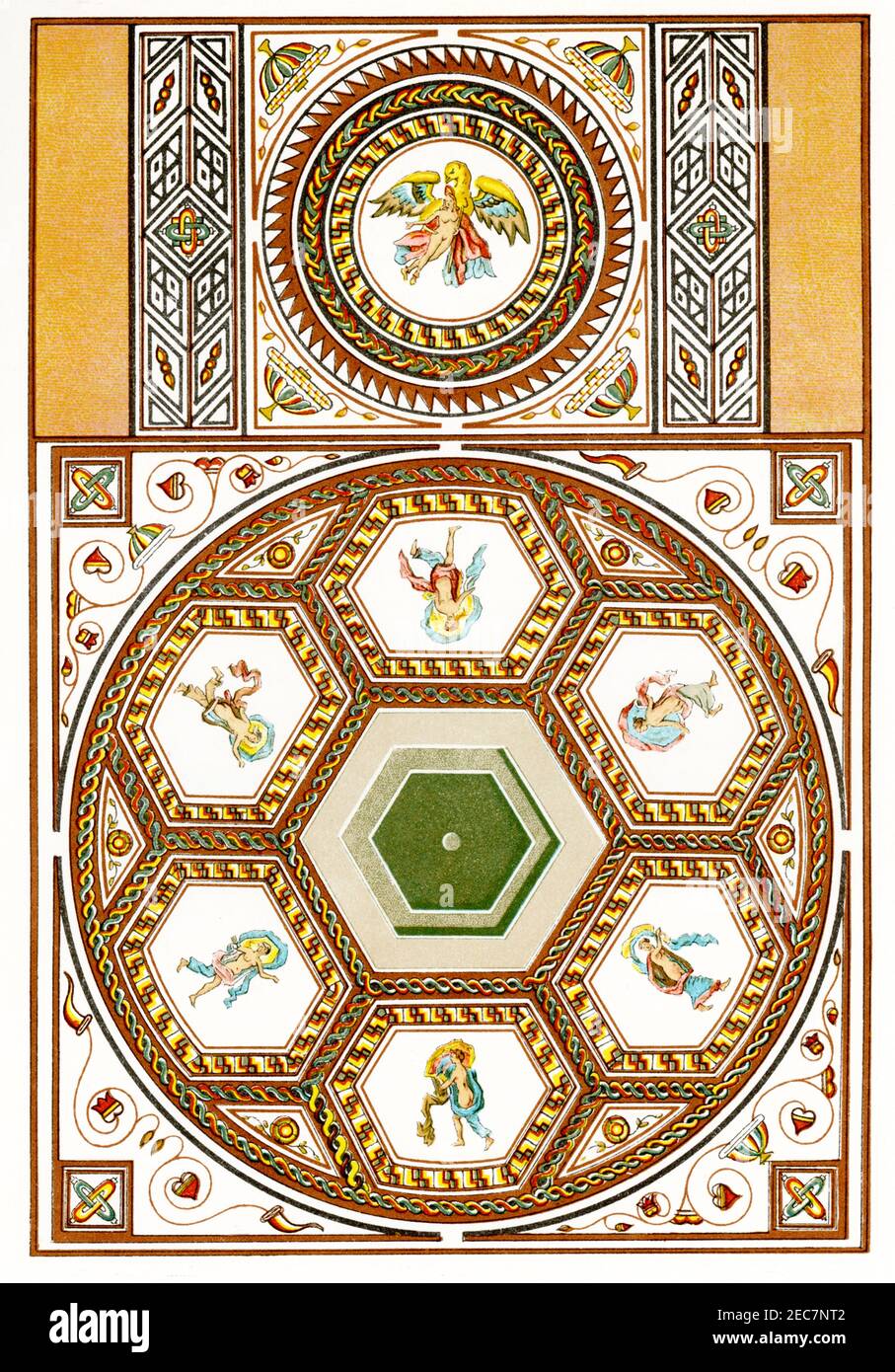 Diese Abbildung aus dem Jahr 1880s zeigt Fragmente eines Mosaikpflasters, das 1811 im Badebereich einer römischen Villa in Bognor in Sussex gefunden wurde. Stockfoto