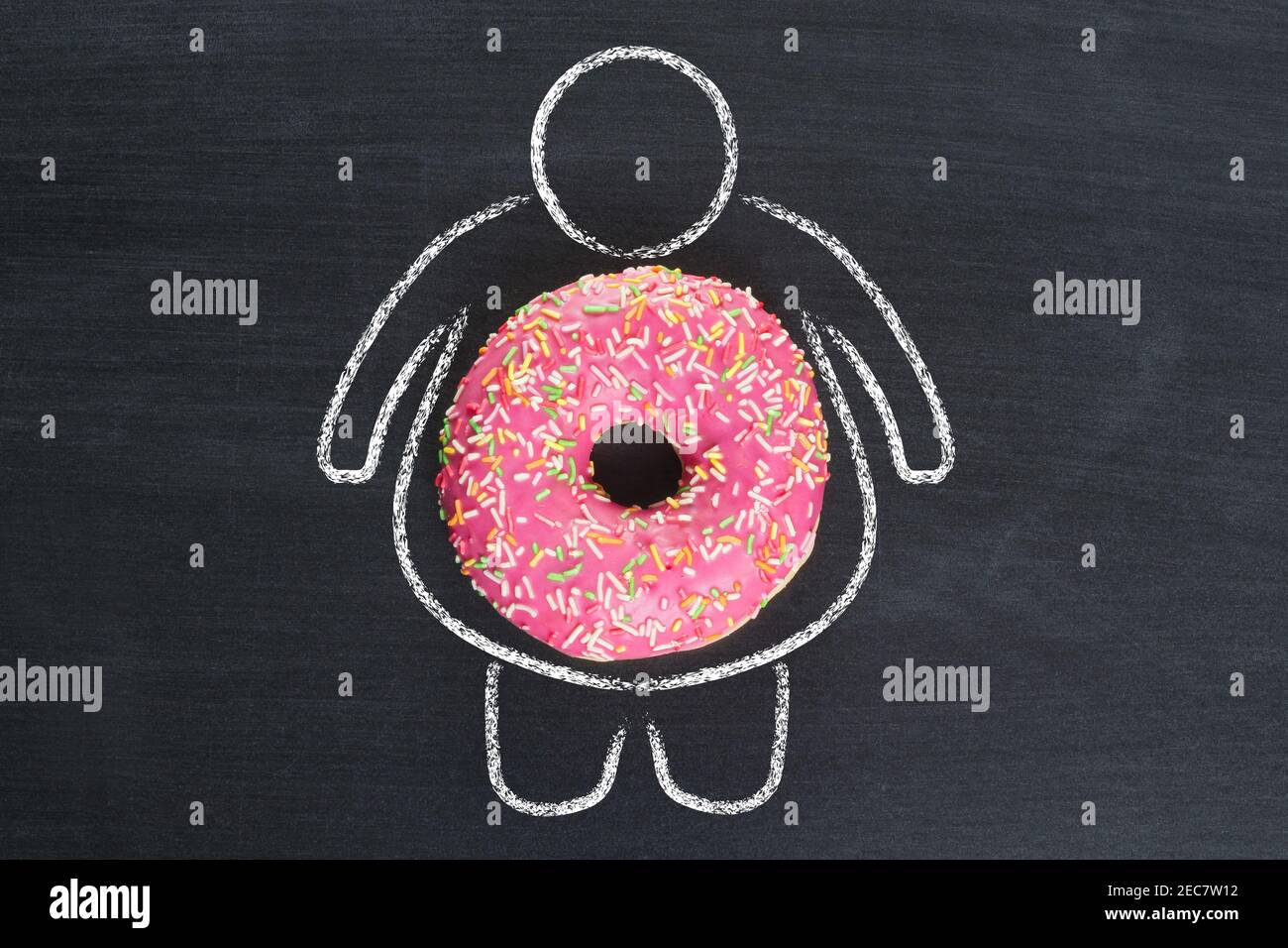 Ungesunde Essgewohnheiten. Silhouette mit Übergewicht und Donut als ungesunde Ernährung Konzept Stockfoto