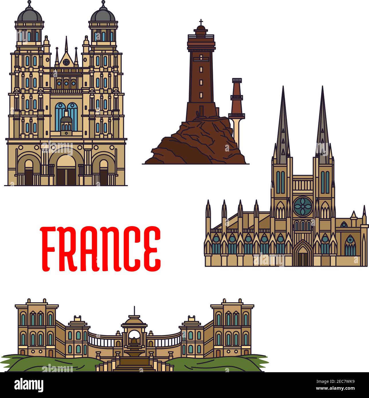 Französische Wahrzeichen Ikone mit dünner Linie römisch-katholische Kathedrale von Saint Andrew und Kirche von Saint Michel, ikonischen La Vieille Leuchtturm und Pala Stock Vektor