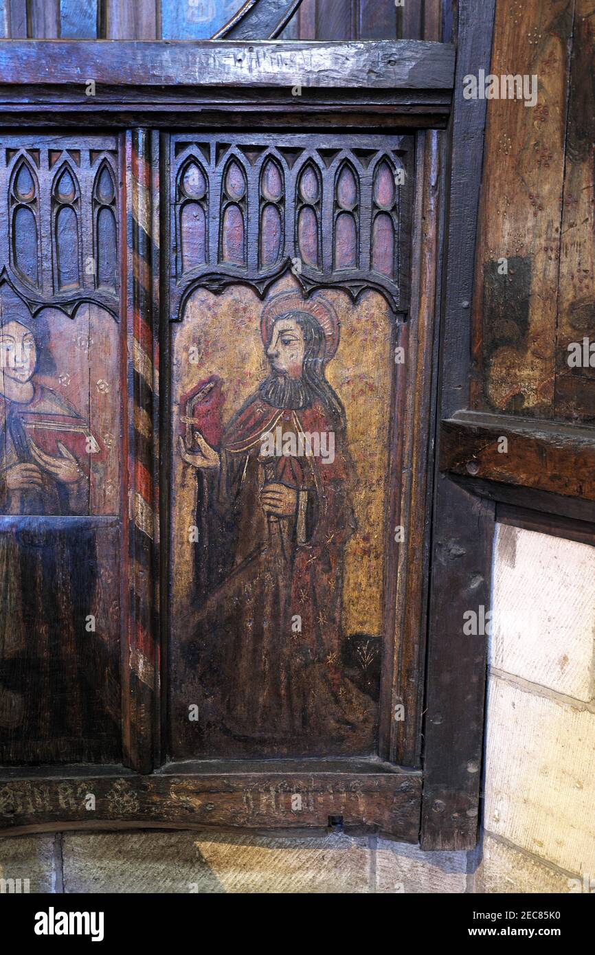 Mittelalterliches Leinwandbild eines heiligen (möglicherweise Jammes?) , Hexham Abbey, Hexham, Northumberland, England, Großbritannien Stockfoto